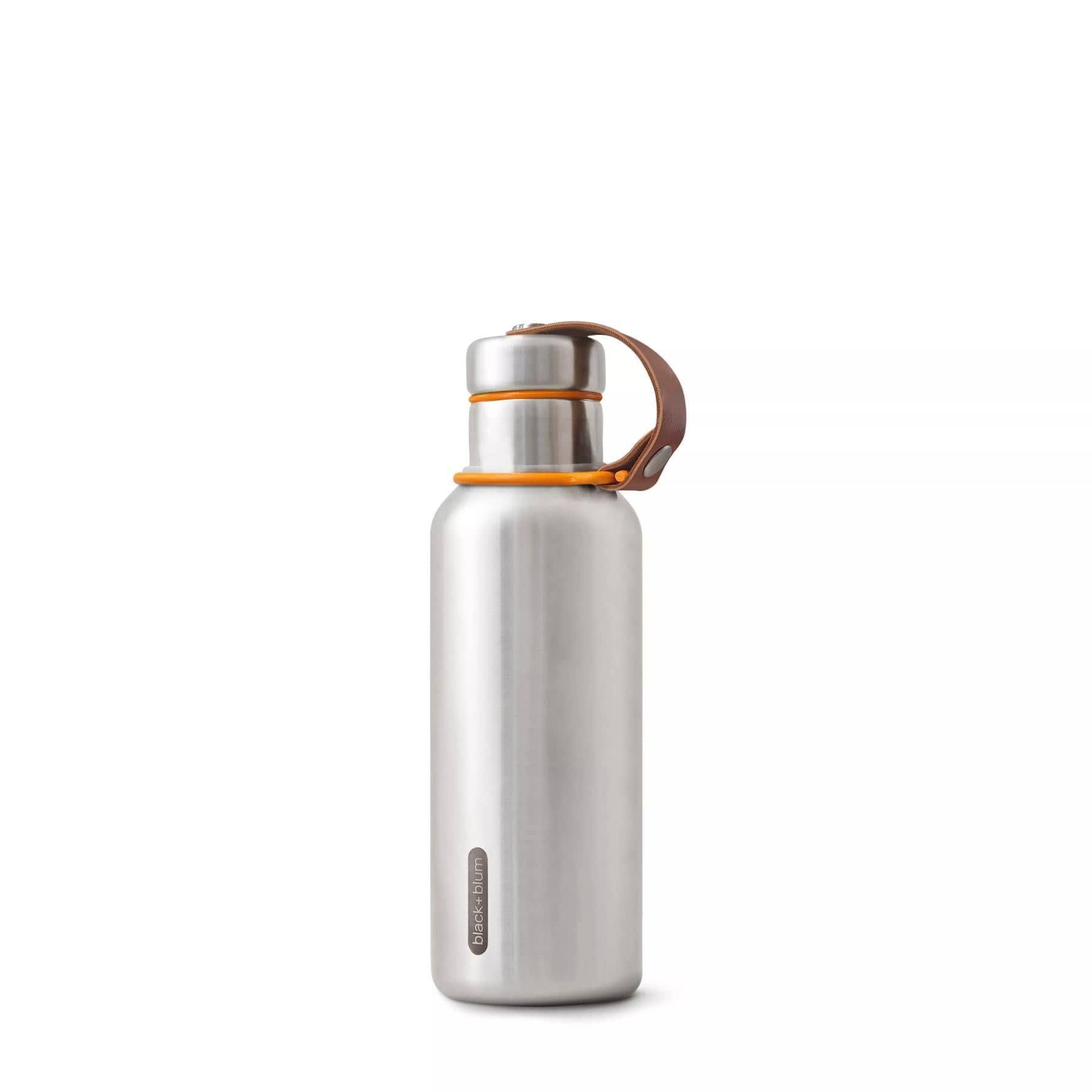 Stainless steel insulated water bottle with wooden cap and leather strap on white background