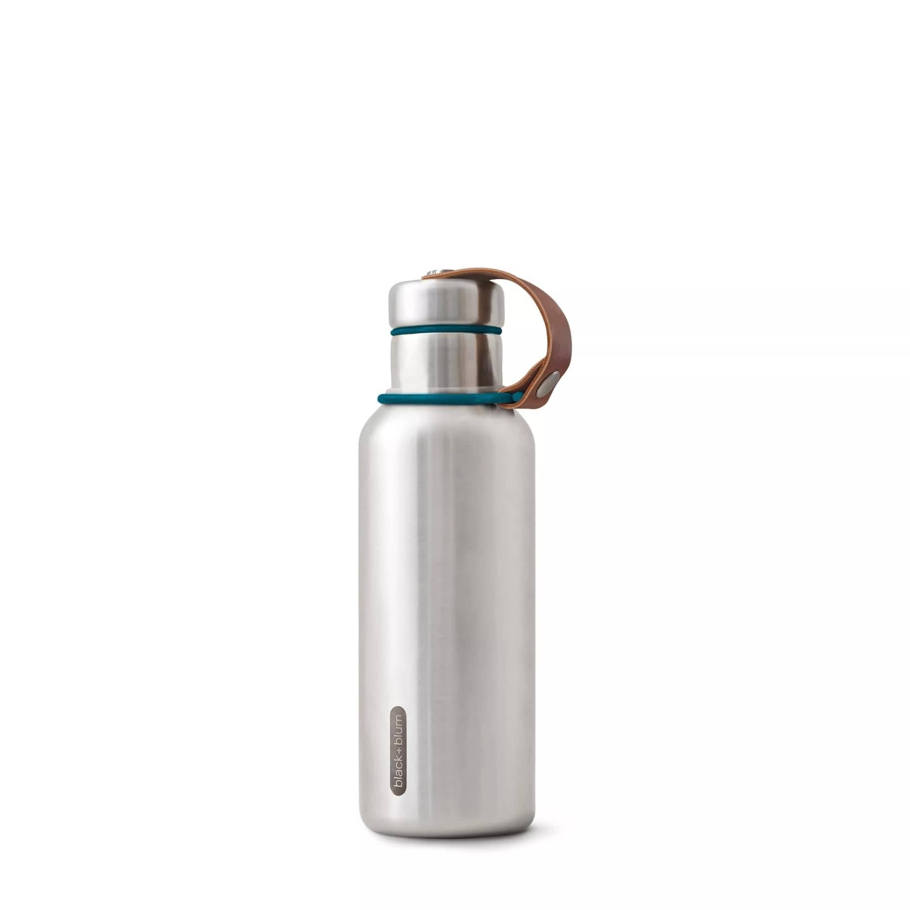 Stainless steel insulated water bottle with copper lid and carrying handle on white background