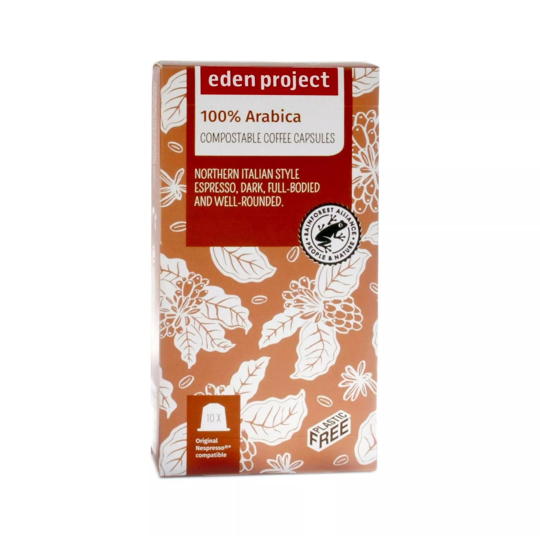 Eden Project 100% Arabica compostable coffee capsules packaging, Northern Italian style espresso, dark, full-bodied and well-rounded, Rainforest Alliance certified, Nespresso compatible.