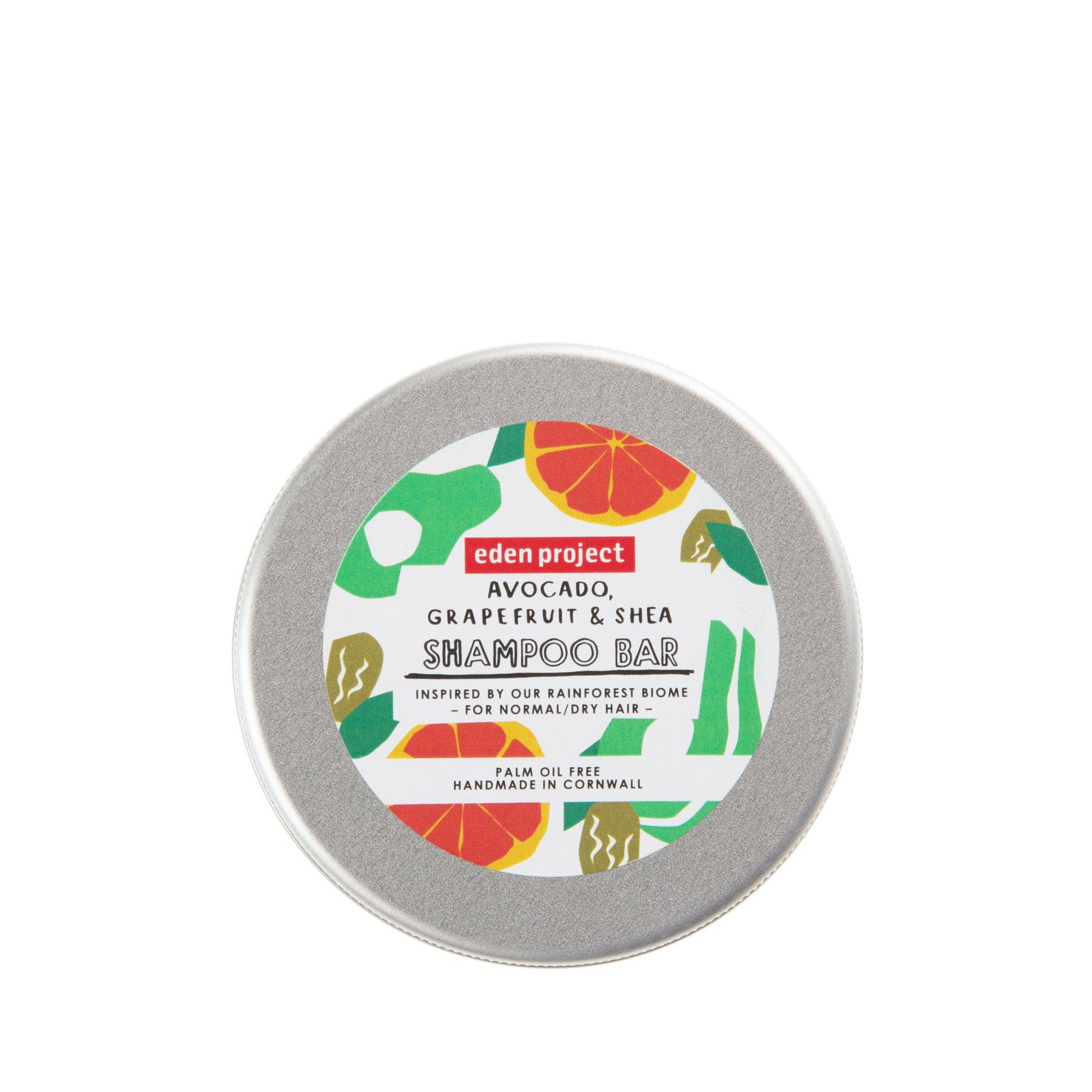 Eden Project Avocado, Grapefruit & Shea Shampoo Bar for Normal/Dry Hair, Palm Oil Free, Handmade in Cornwall, in circular metal tin on white background.