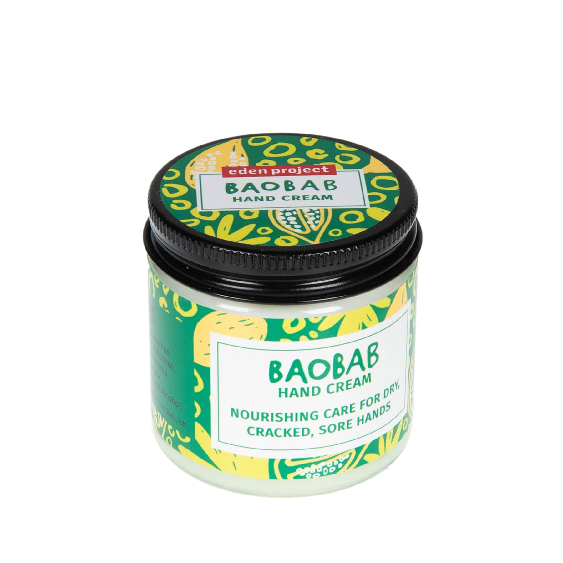 Baobab hand cream jar with green and yellow packaging labeled "Nourishing care for dry, cracked, sore hands" from the Eden Project.