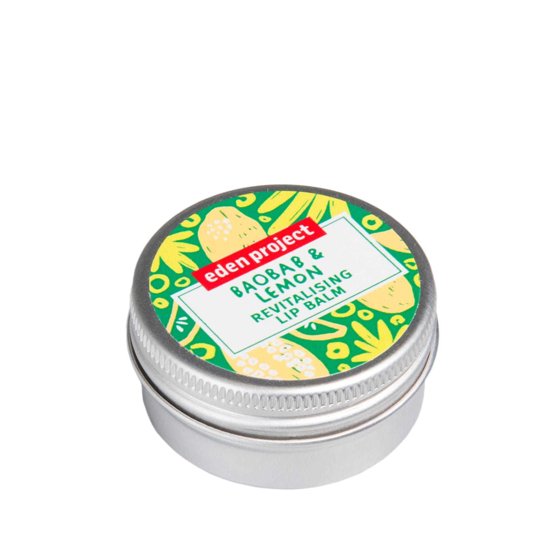 Baobab and Lemon Revitalising Lip Balm in metal tin from the Eden Project, isolated on white background.