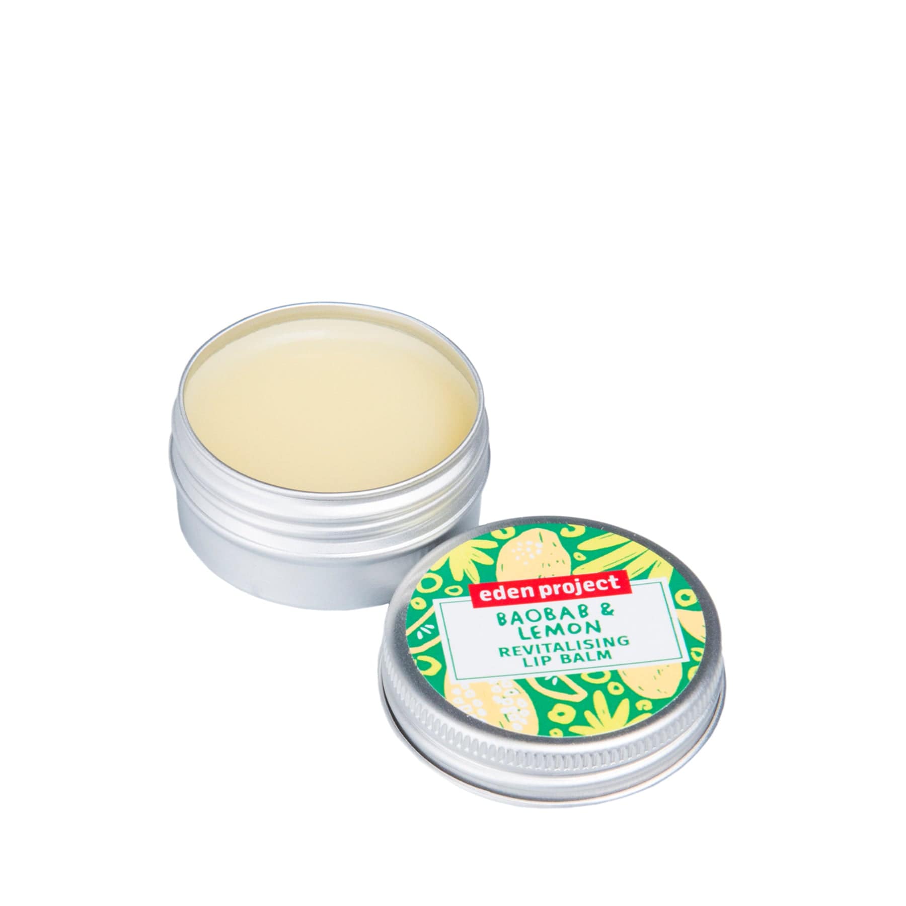 Eden Project Baobab & Lemon Revitalising Lip Balm in open tin container with solid balm and colorful, patterned lid design on white background.