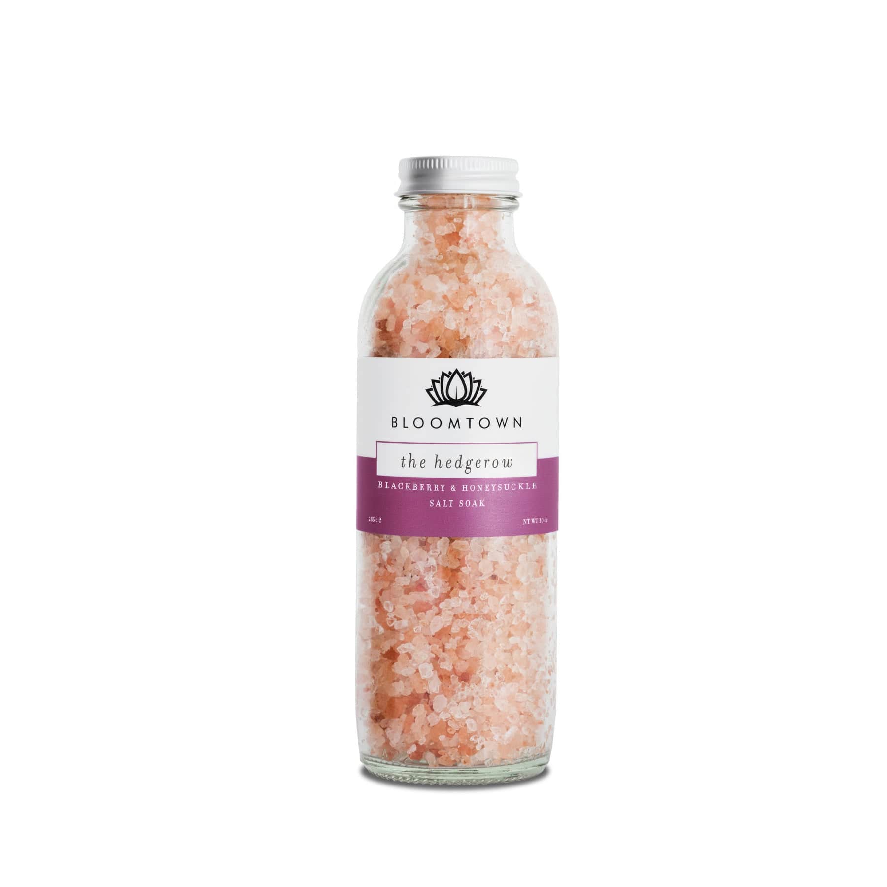 Bloomtown The Hedgerow Bath Salts in Glass Bottle, Blackberry and Honeysuckle Salt Soak, Natural Skincare, Vegan Bath Product, Pink Coarse Bath Salts, Personal Care Items, Wellness and Relaxation Products, White Background