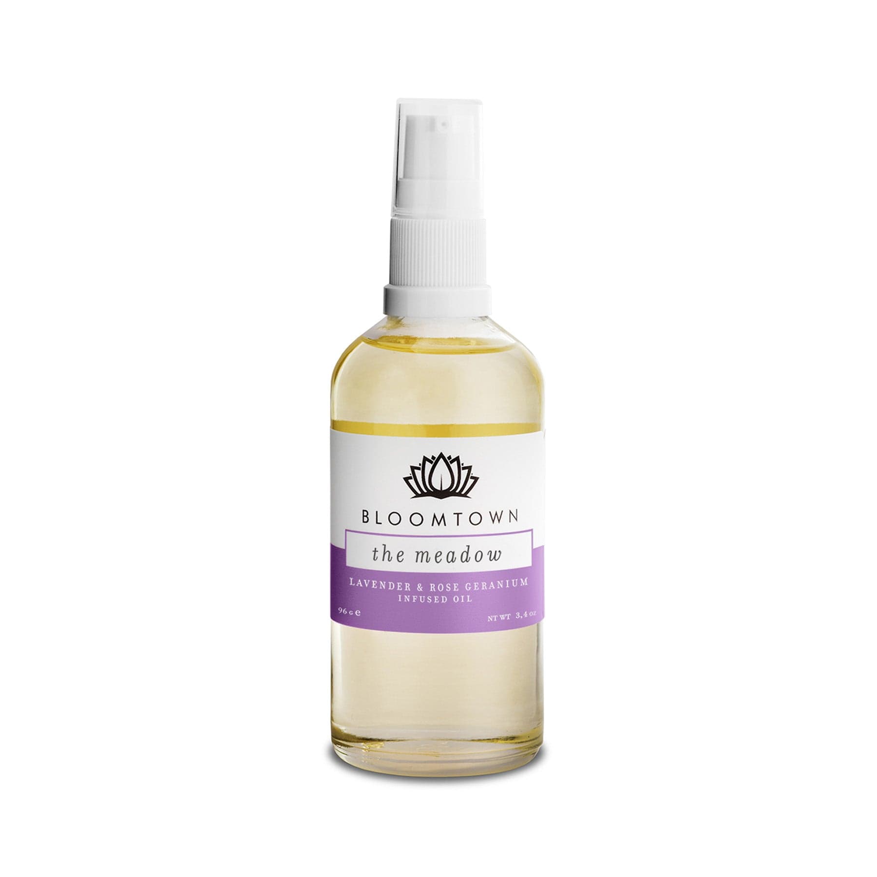 Bloomtown The Meadow lavender and rose geranium infused oil in a clear glass bottle with spray nozzle on a white background.