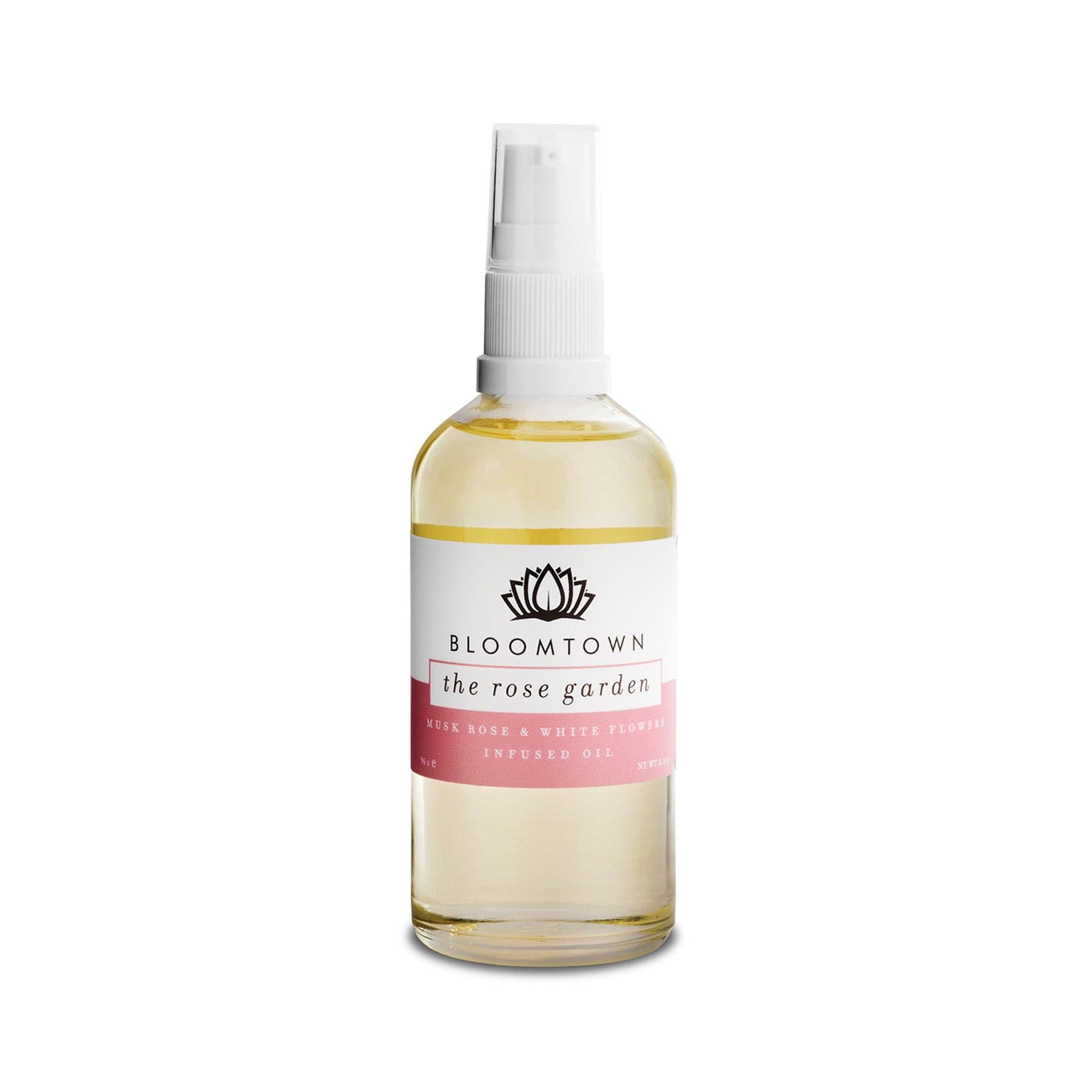 Bloomtown The Rose Garden infused oil in clear spray bottle with white label and gold accents against a white background.