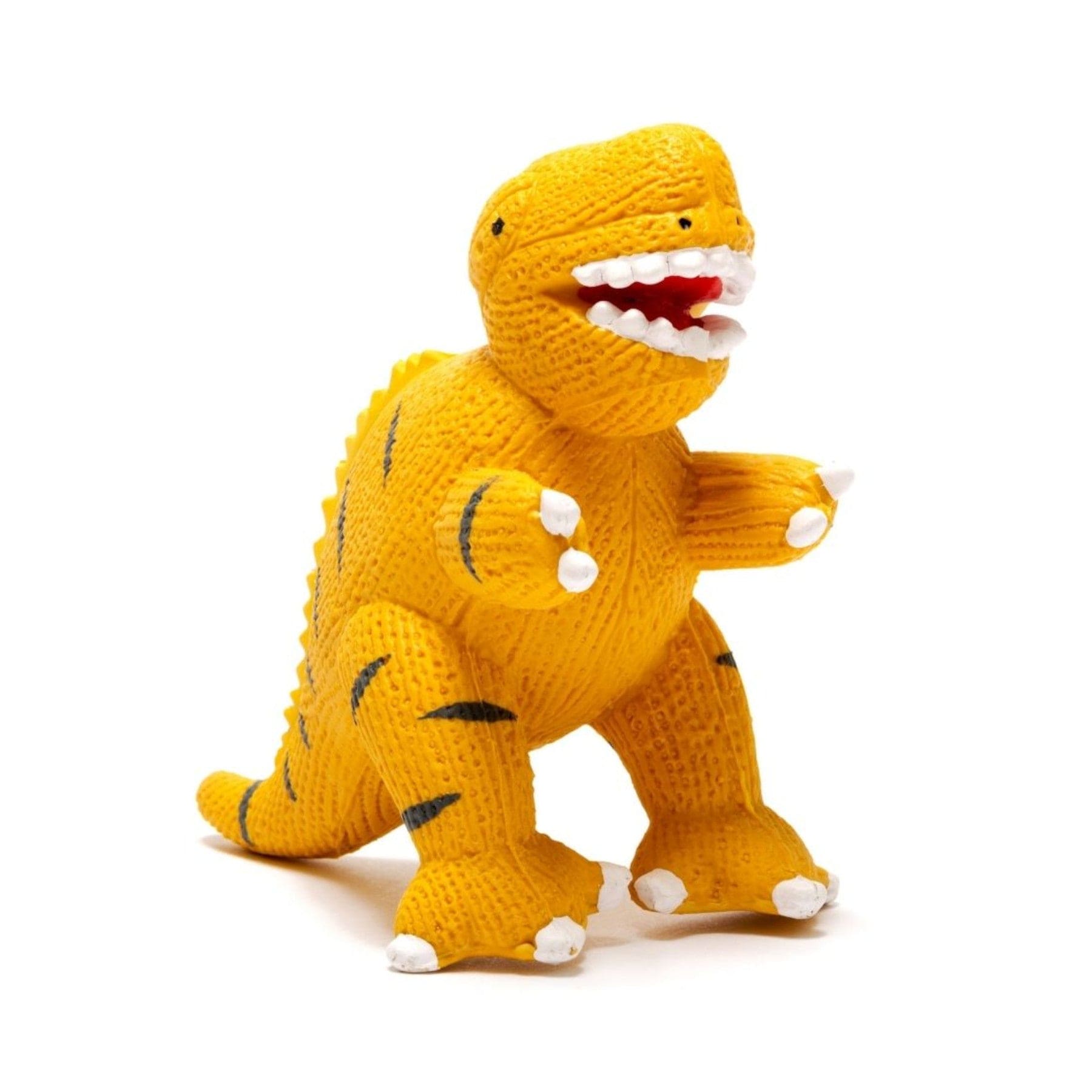 Yellow knitted dinosaur toy with black stripes standing on a white background