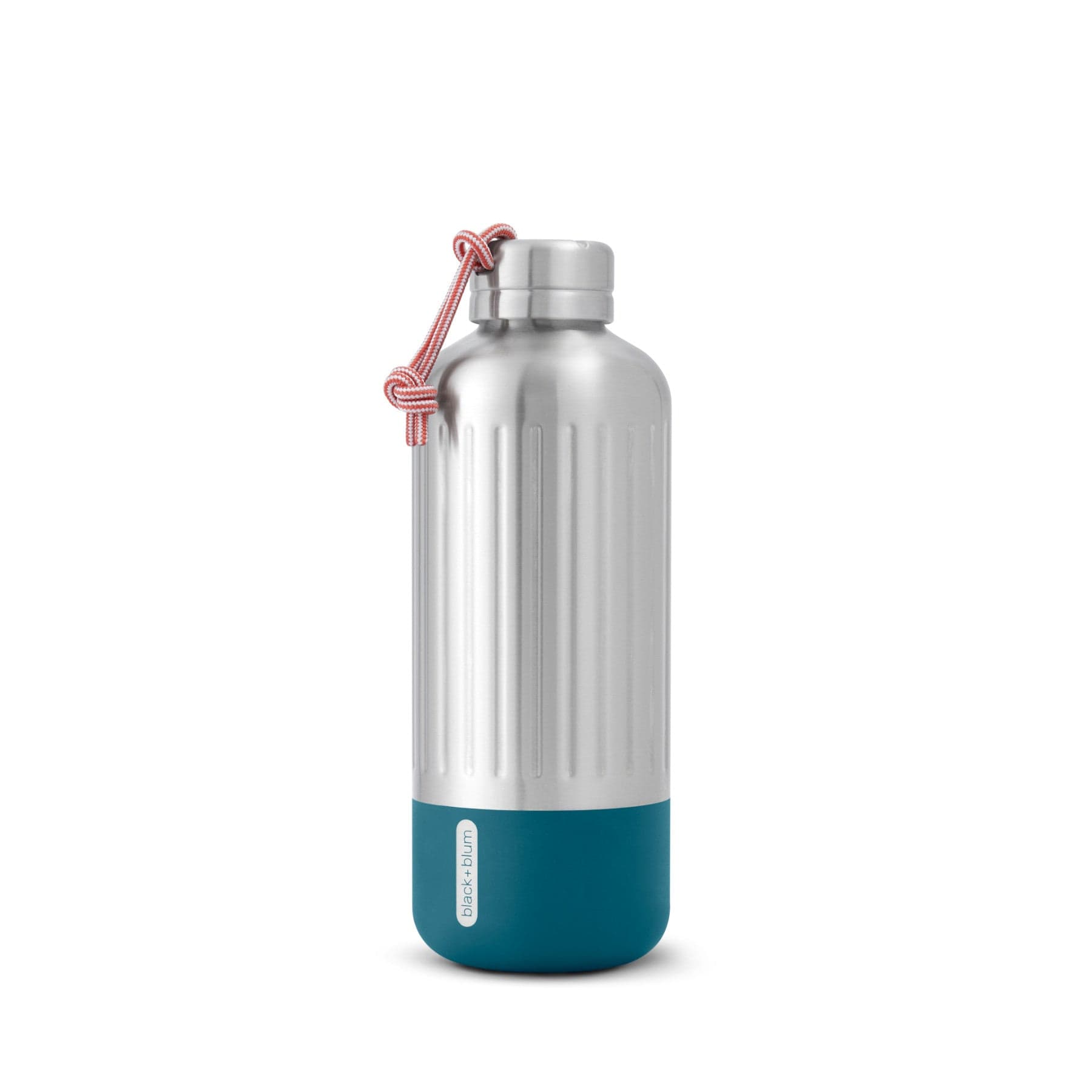 Stainless steel water bottle with red paracord handle and blue base on white background
