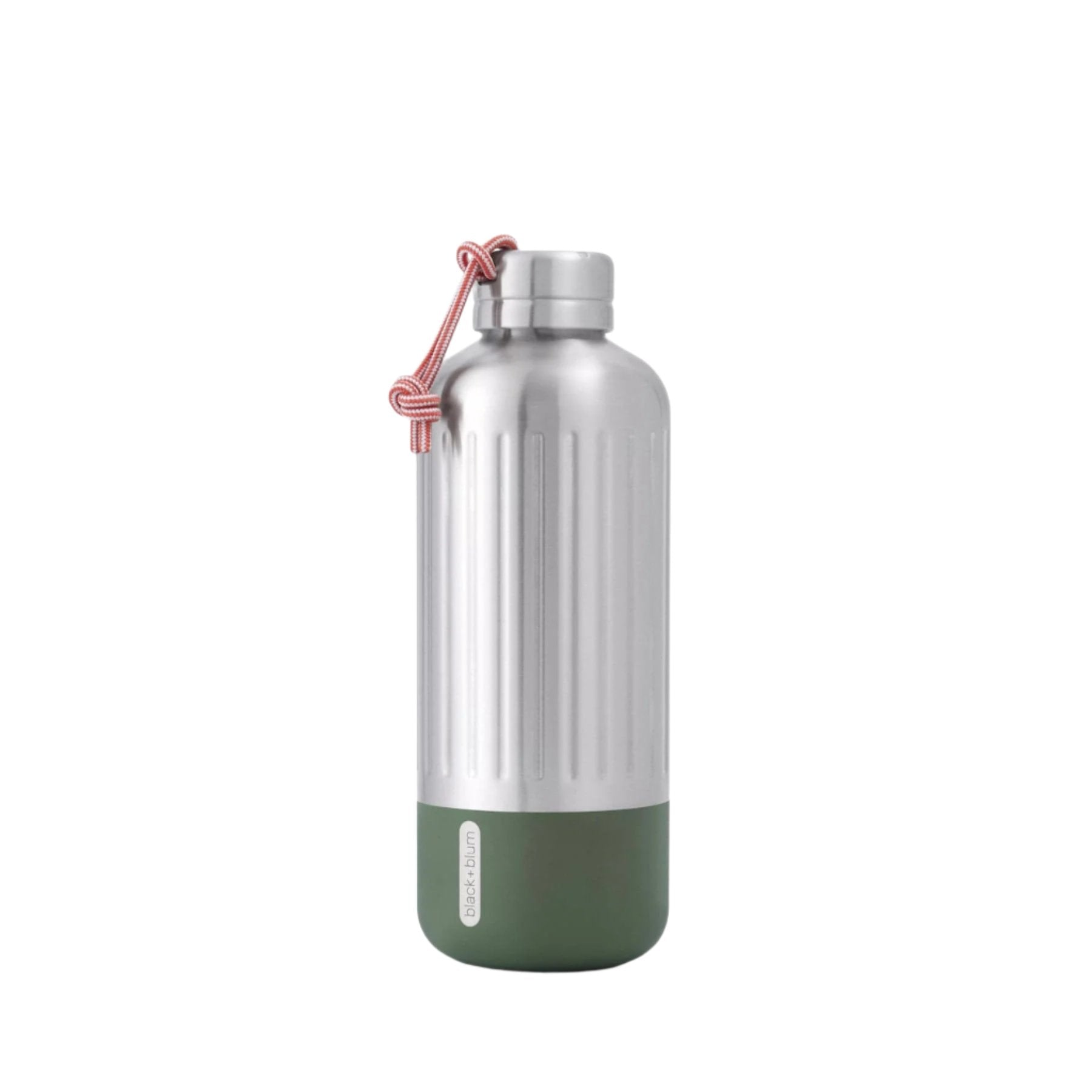 Stainless steel water bottle with strap on white background, reusable insulated container, eco-friendly hydration, outdoor adventure gear, metal drink flask.