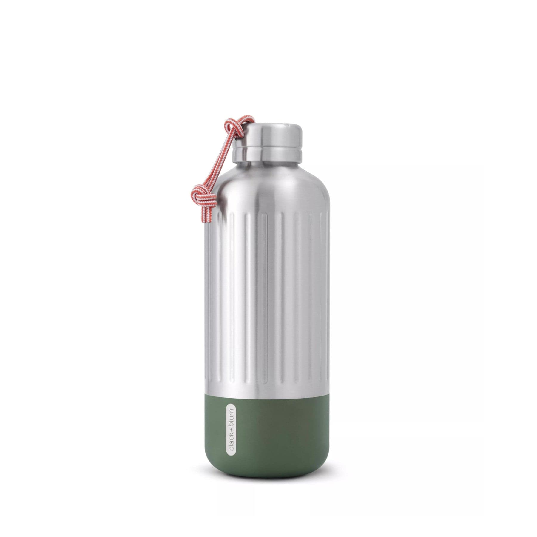 Stainless steel water bottle with strap on white background, reusable insulated container, eco-friendly hydration, outdoor adventure gear, metal drink flask.