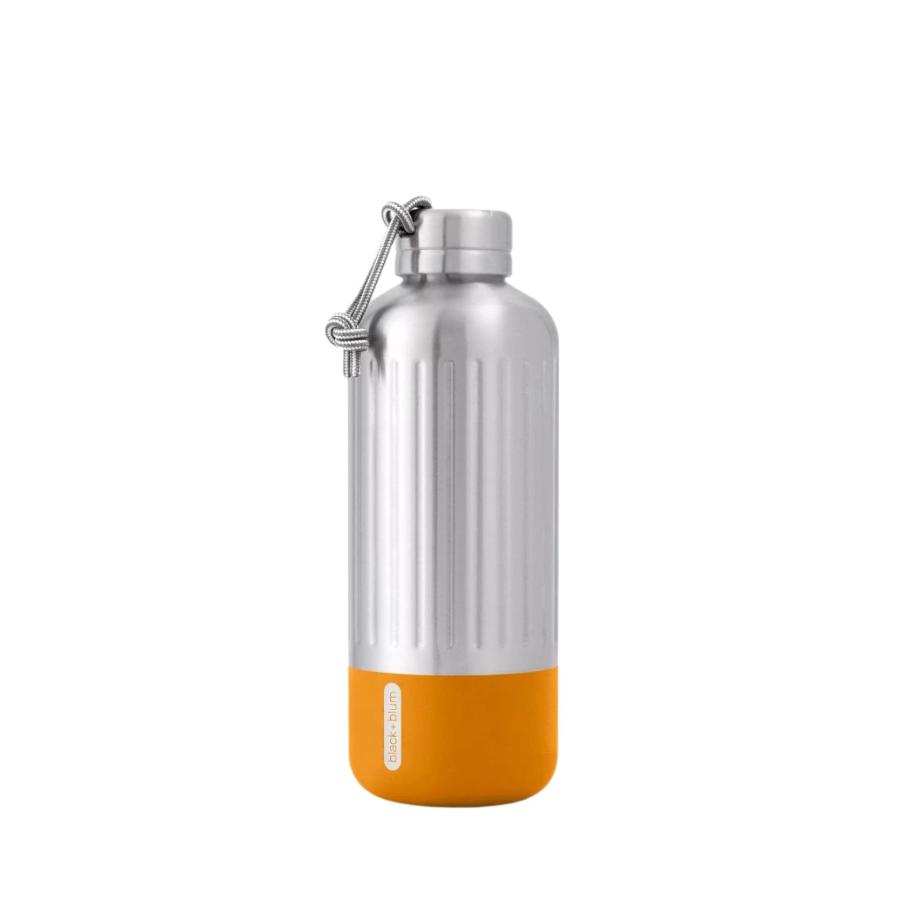 Stainless steel water bottle with orange base and carabiner on white background.