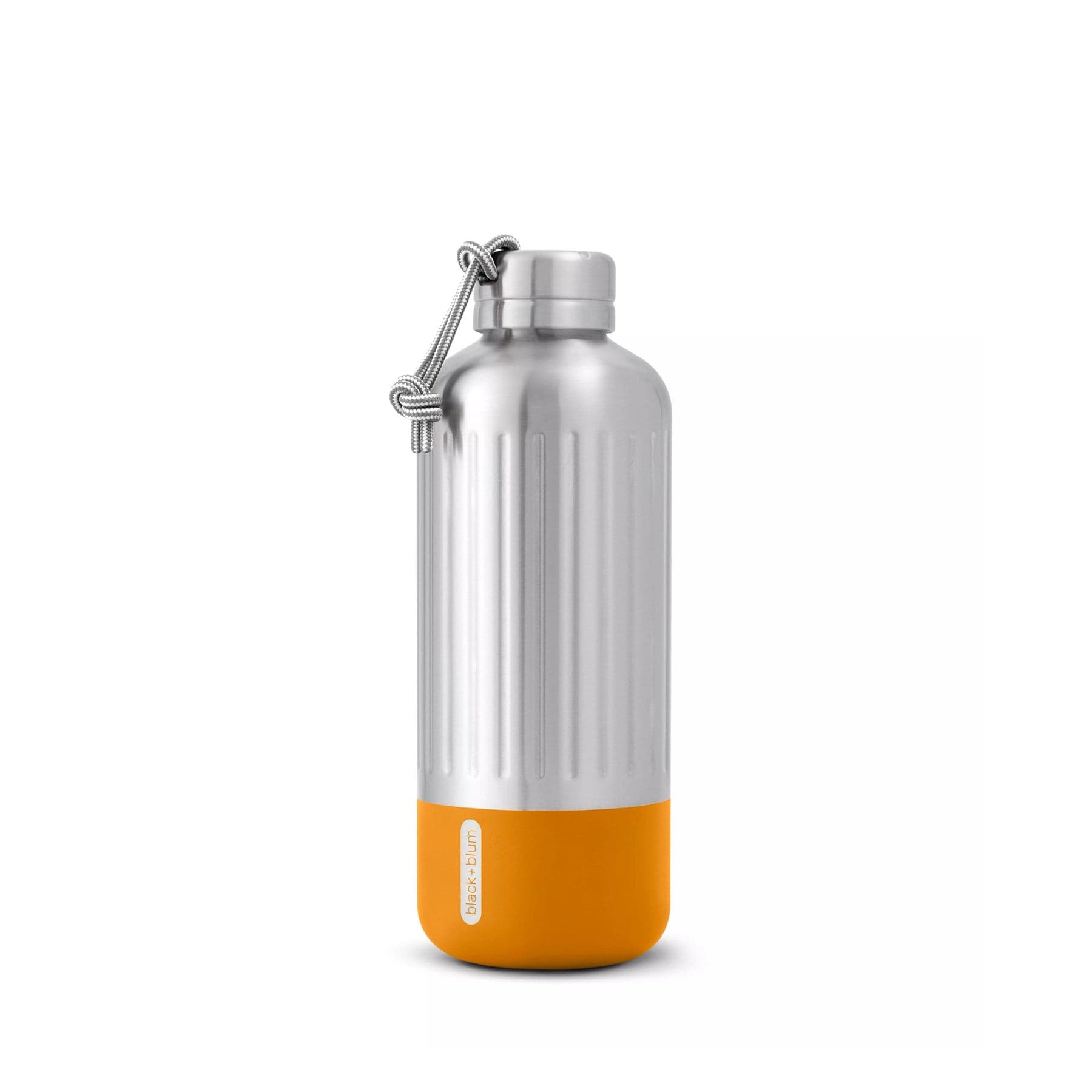 Stainless steel water bottle with orange base and carabiner on white background.