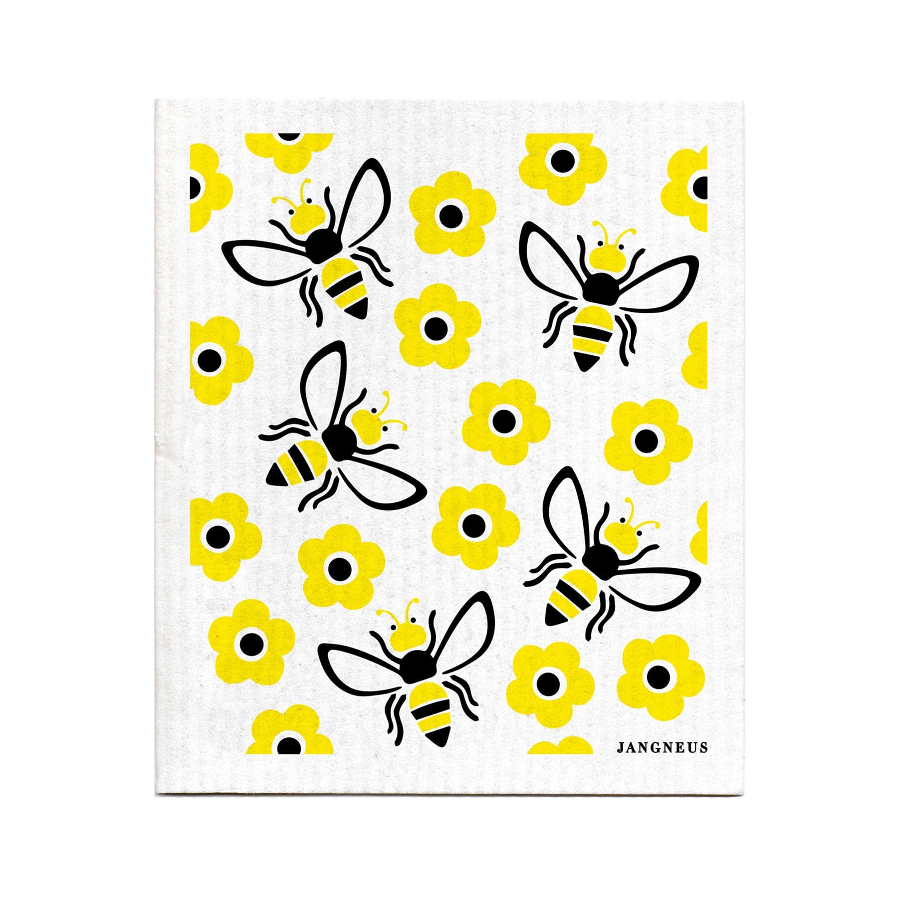 Bee and flower pattern on fabric, black and yellow bees with wings on white background, yellow flowers with black centers, Scandinavian design, textile print design, Jangneus brand label.