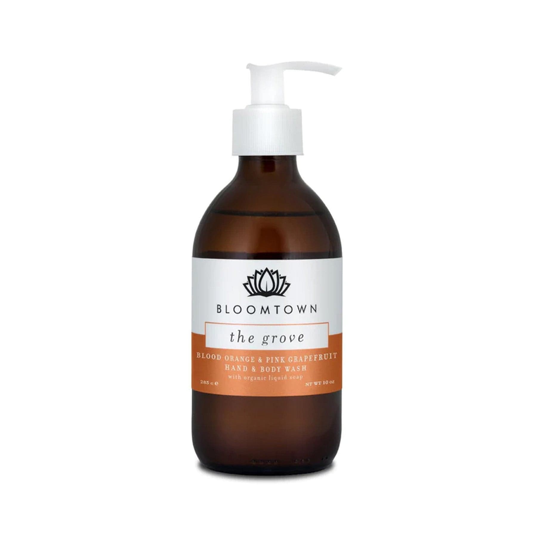 Bloomtown The Grove Blood Orange & Pink Grapefruit Hand and Body Wash in amber bottle with pump dispenser