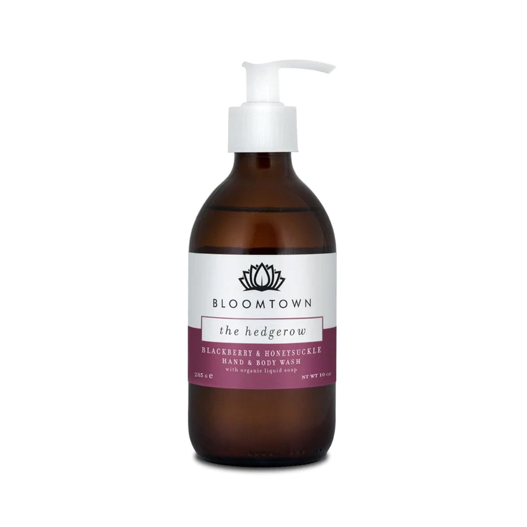Bloomtown The Hedgerow Blackberry & Honeysuckle Hand and Body Wash with organic liquid soap in amber bottle with pump dispenser