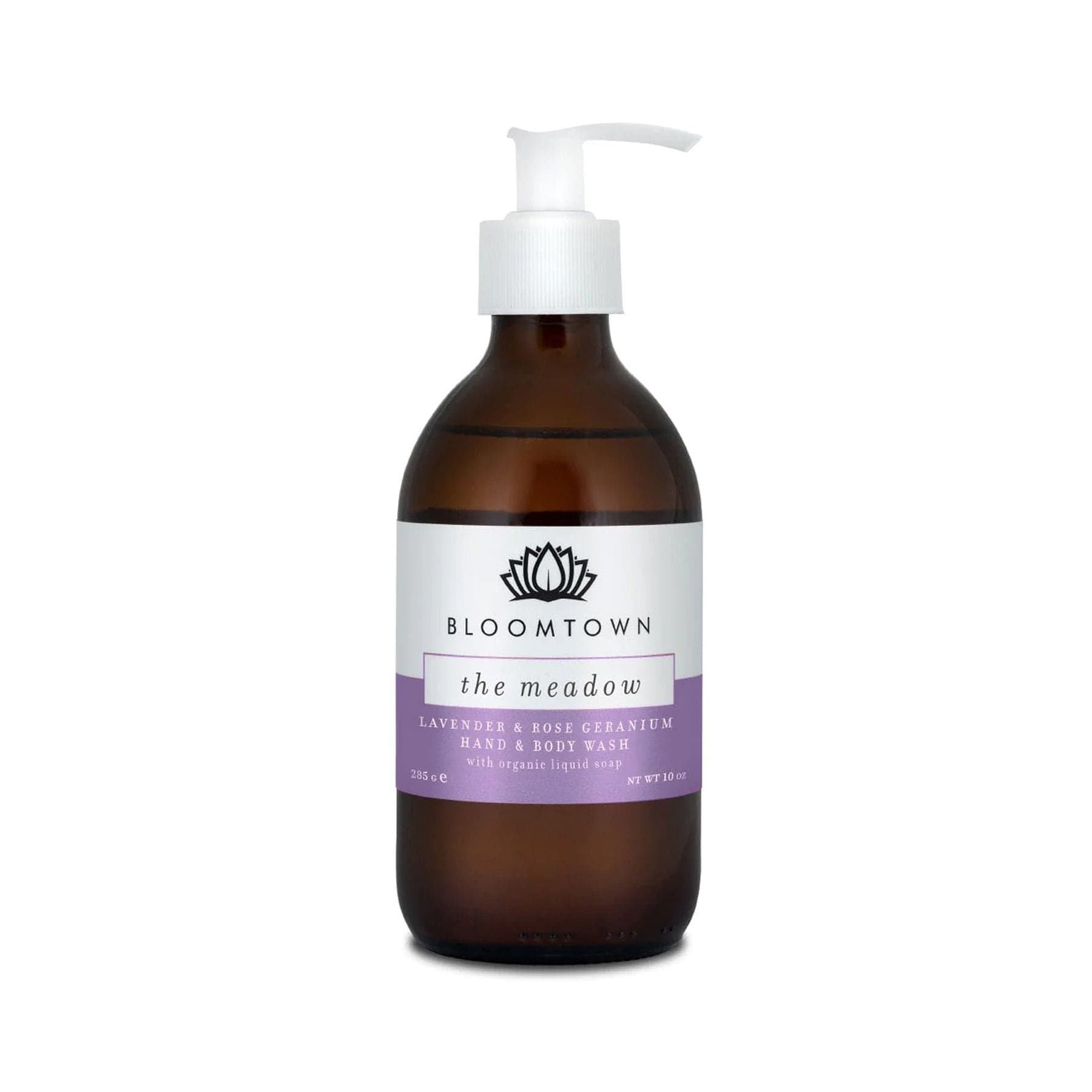 Bloomtown The Meadow lavender and rose geranium hand and body wash in amber bottle with white pump dispenser