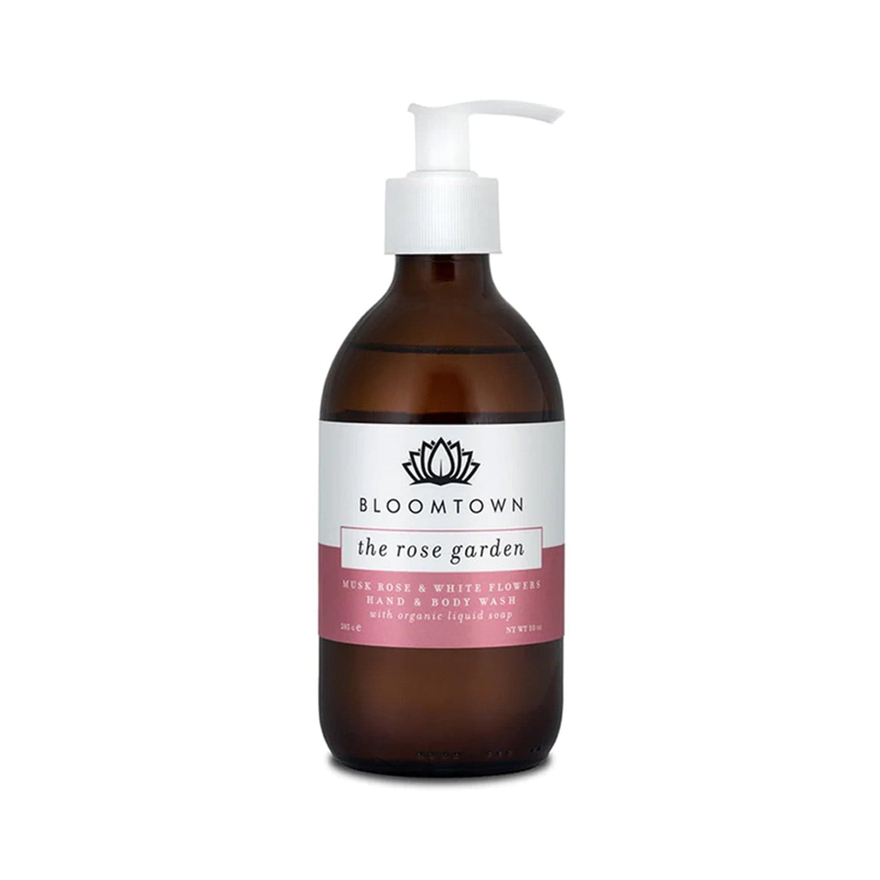 Bloomtown The Rose Garden musk rose and white flowers hand and body wash with organic liquid soap in amber bottle with white pump dispenser on a plain background