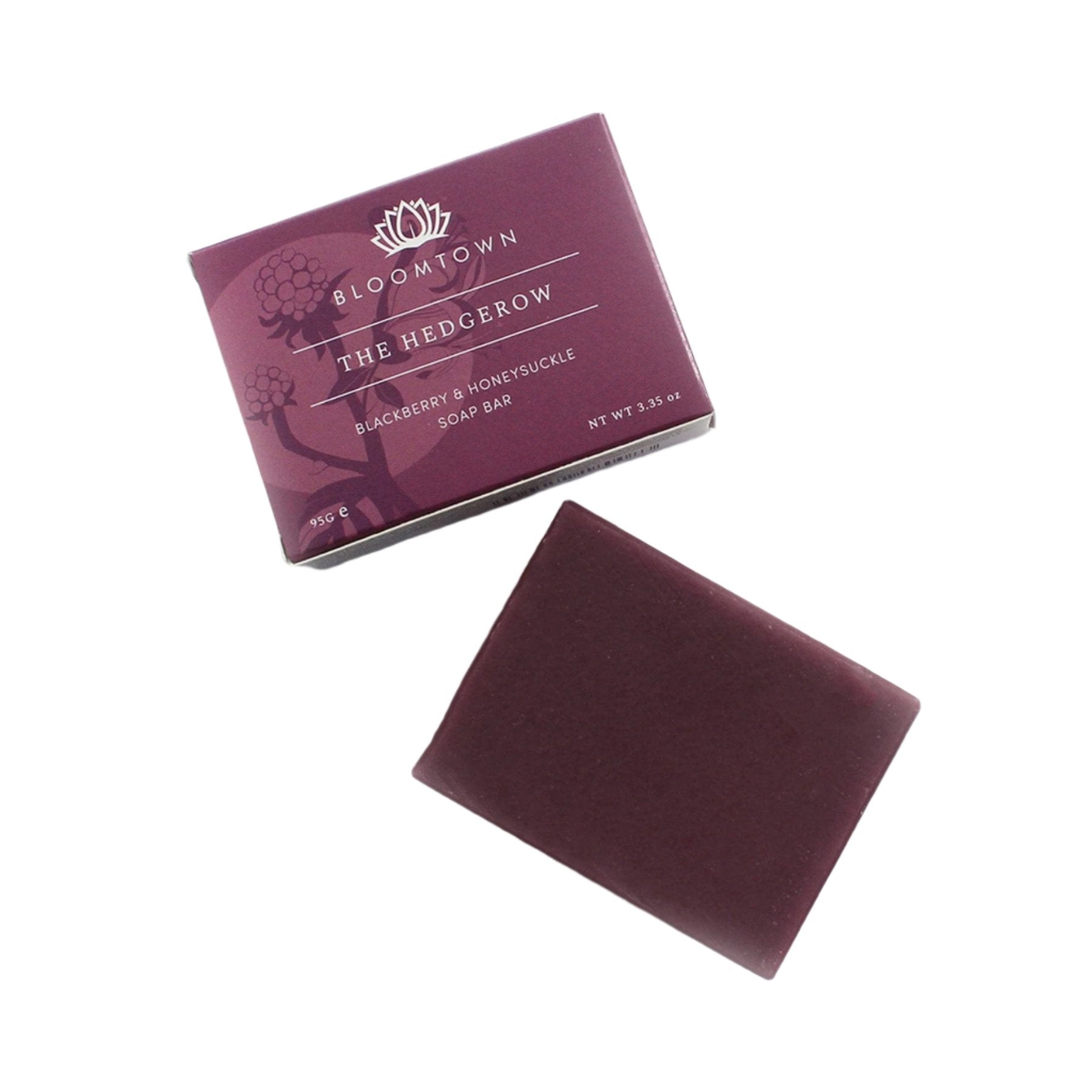 Bloomtown The Hedgerow blackberry and honeysuckle soap bar with packaging on white background