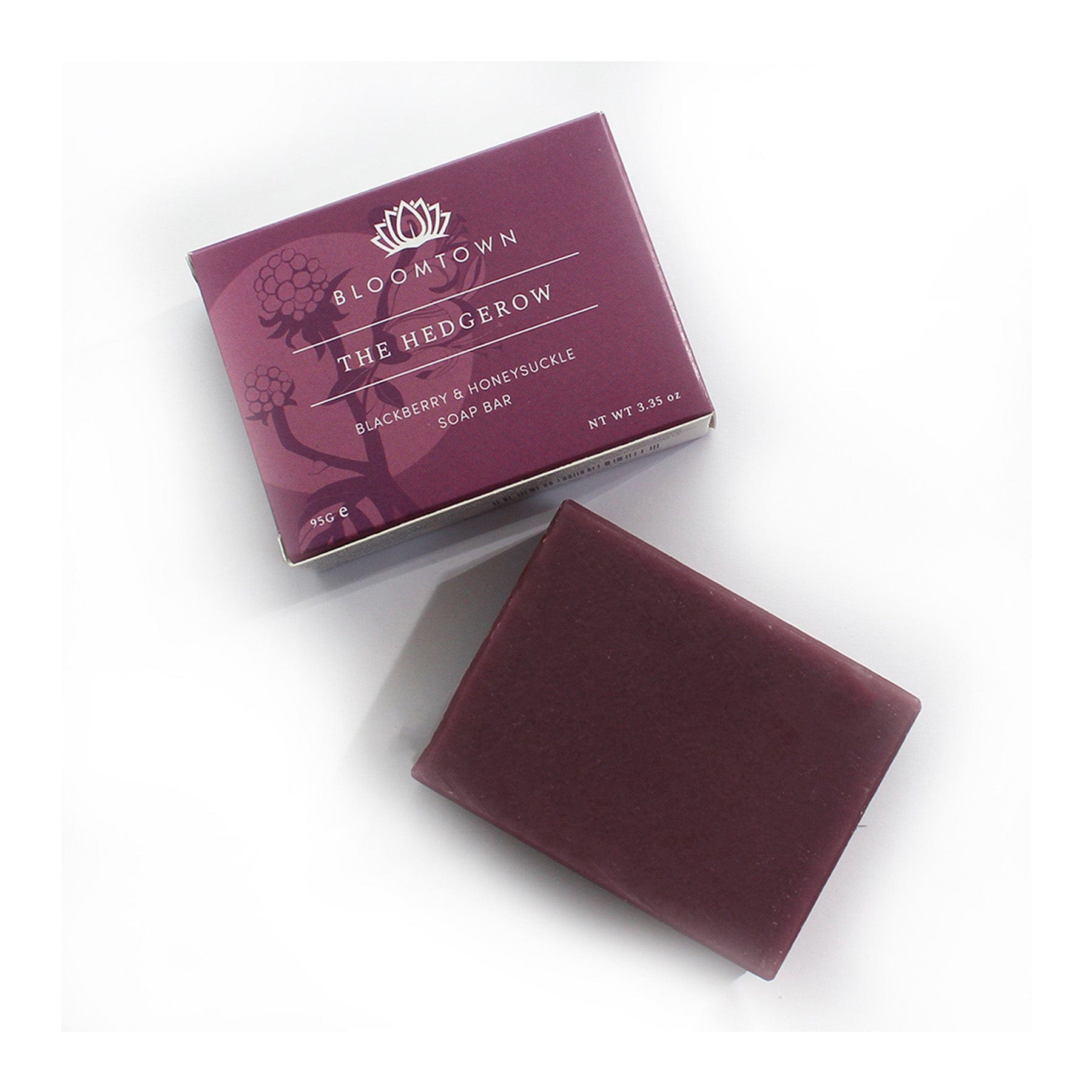 Bloomtown The Hedgerow blackberry and honeysuckle soap bar with packaging on white background