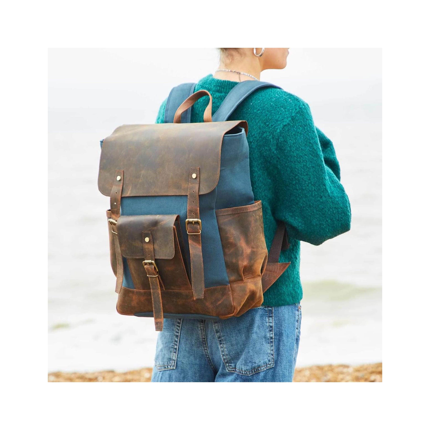 Buffalo Leather and Blue Canvas Backpack