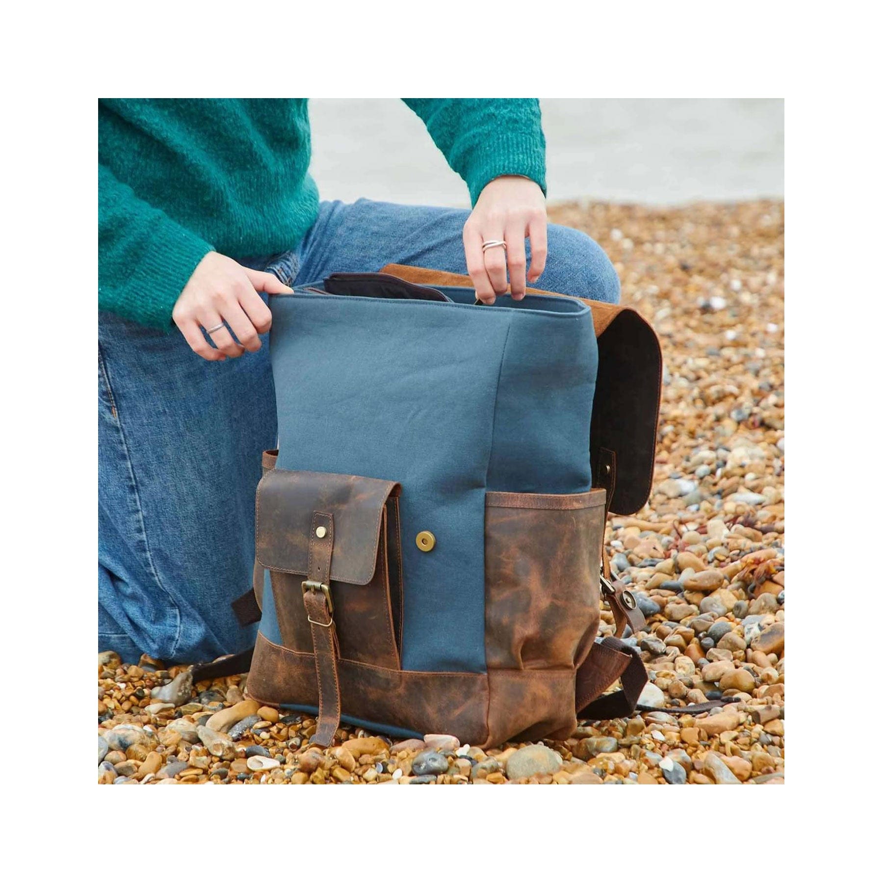 Buffalo Leather and Blue Canvas Backpack