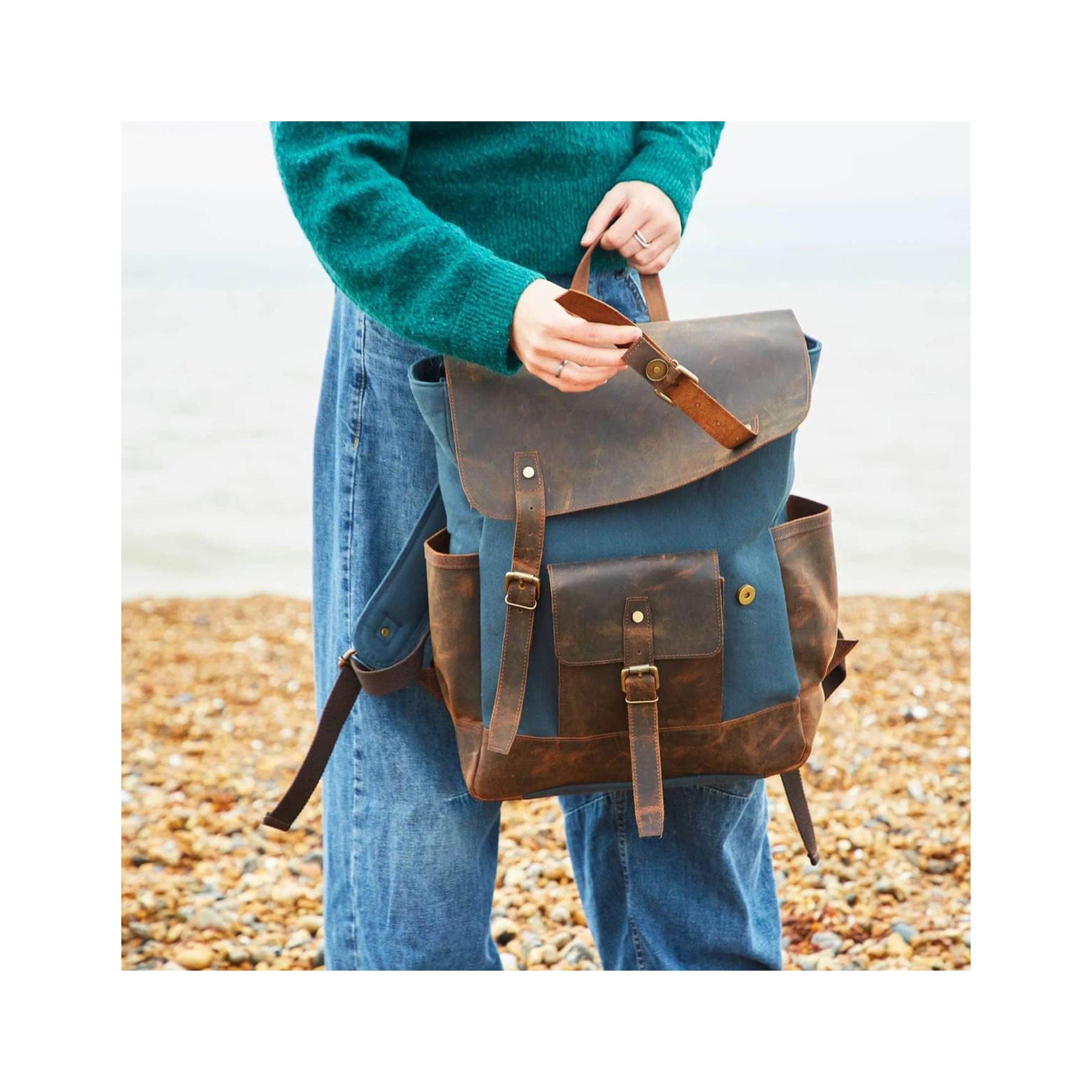 Buffalo Leather and Blue Canvas Backpack