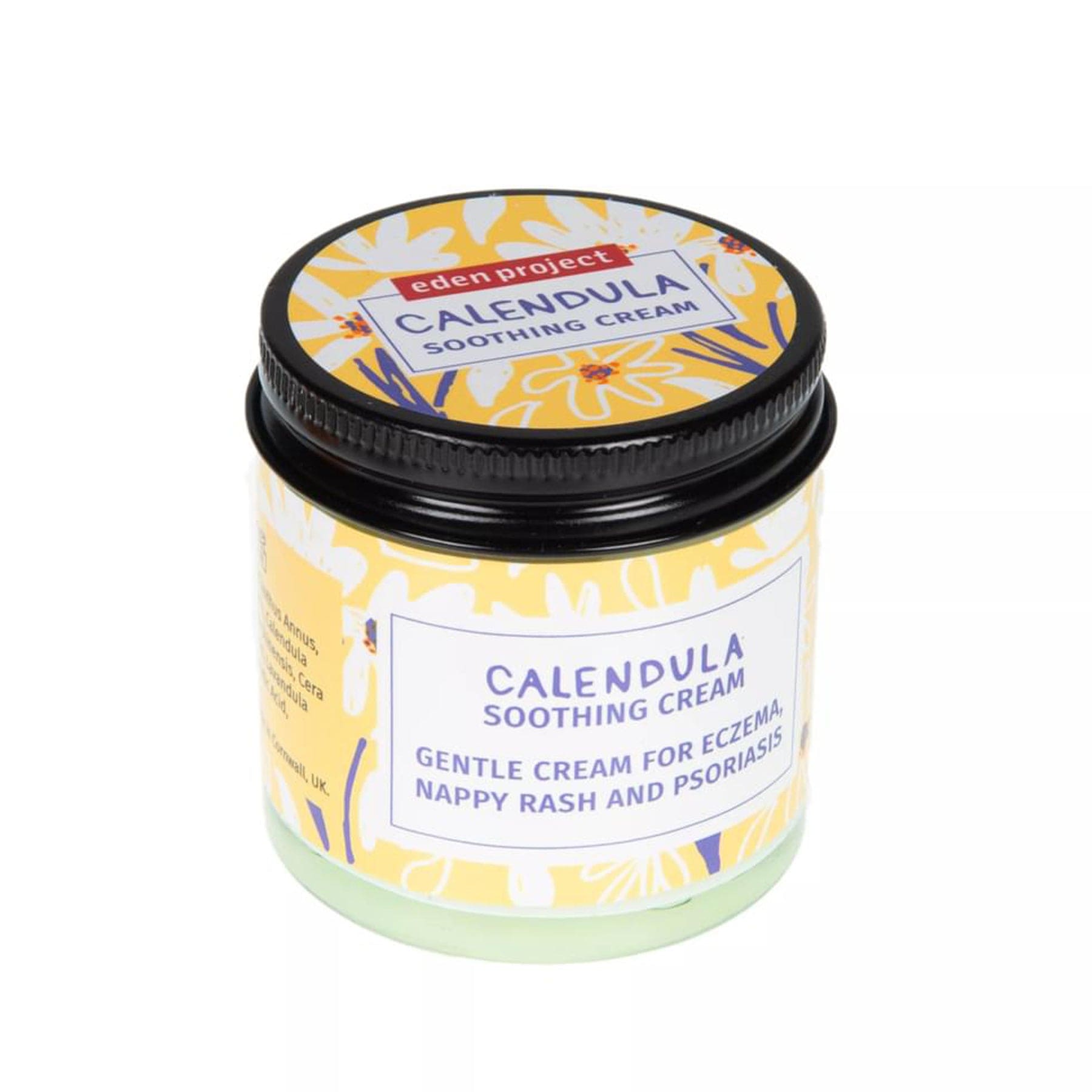 Eden Project Calendula Soothing Cream jar for eczema, nappy rash, and psoriasis with yellow and white floral design on label, isolated on white background.