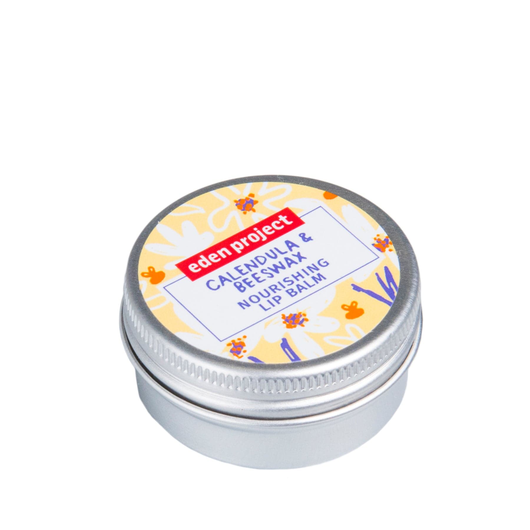 Eden Project Calendula & Beeswax Nourishing Lip Balm in a silver tin with floral design on white background