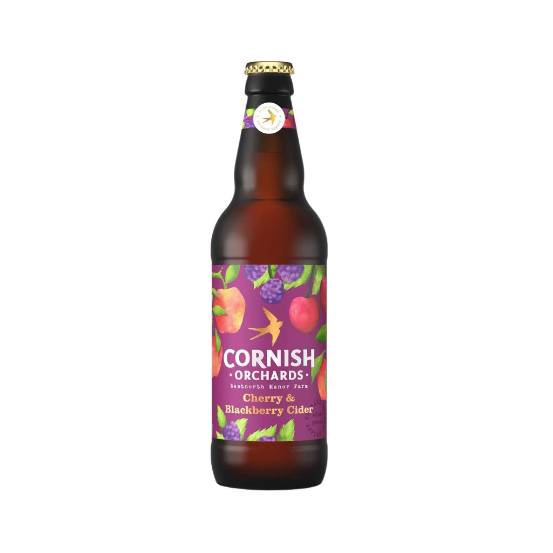 Cornish Orchards Cherry and Blackberry Cider bottle on white background, fruit flavored alcoholic beverage, colorful label design with fruits.