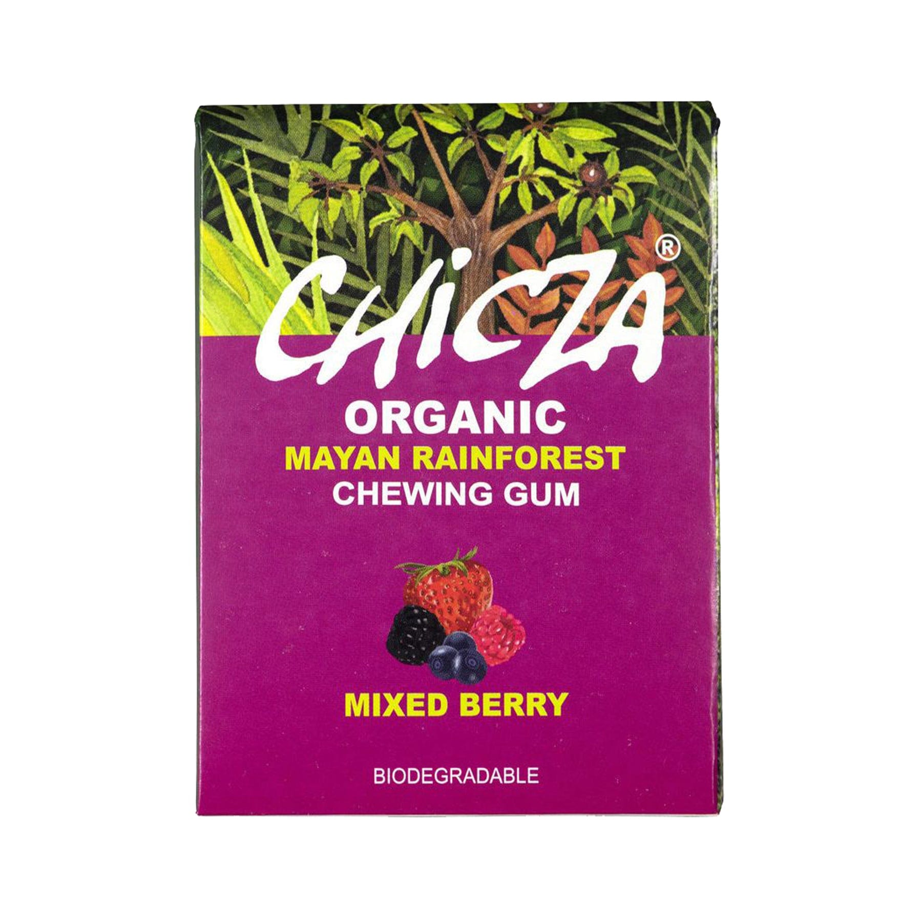 CHICZA Organic Mayan Rainforest Chewing Gum packaging, Mixed Berry flavor, biodegradable product, with images of green leaves, berries, and tree on the label.