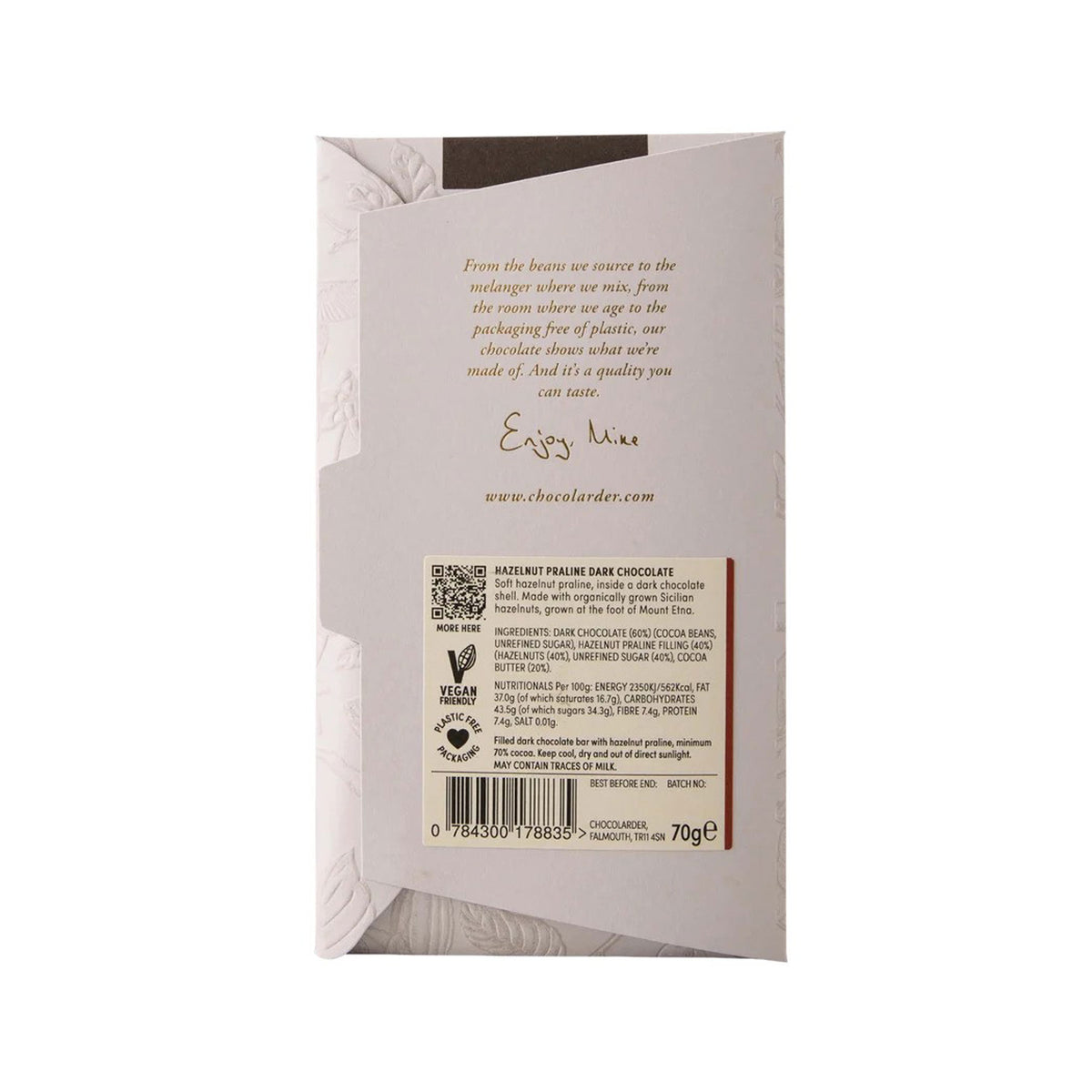Hazelnut praline 70% filled dark chocolate bar