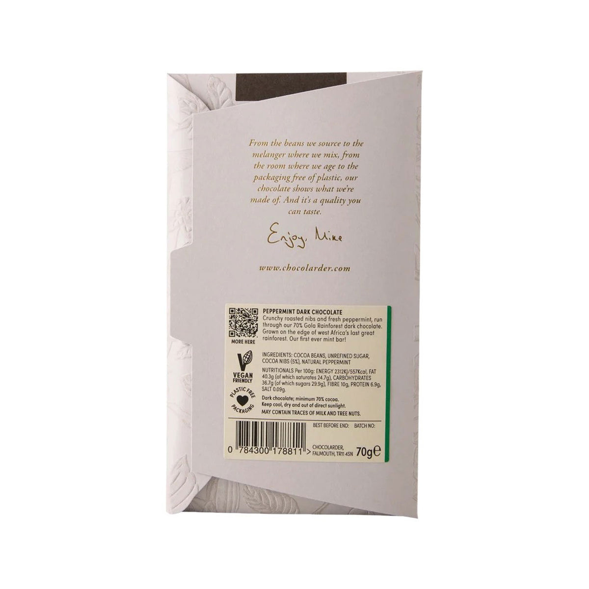 Peppermint 70% dark chocolate bar