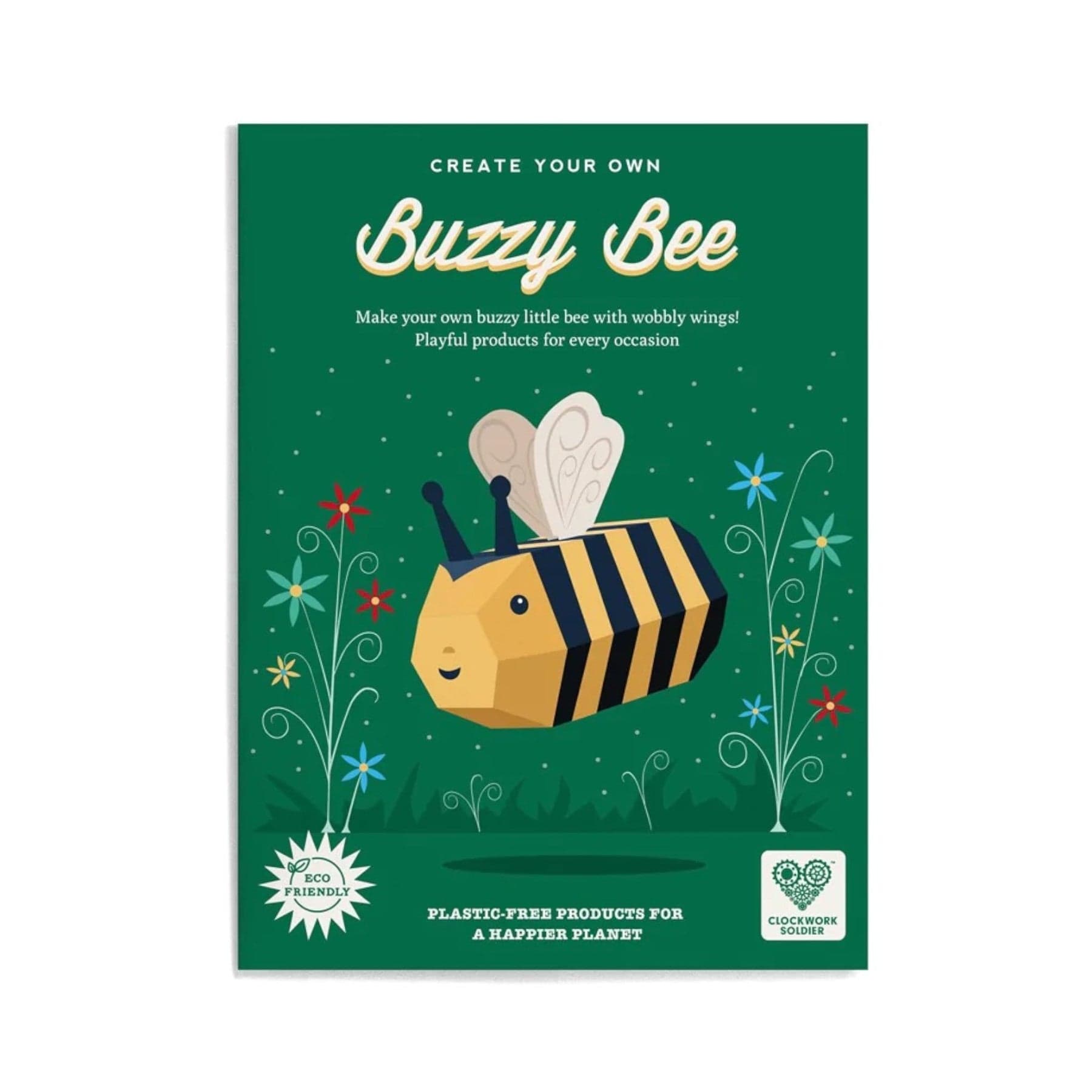 Eco-friendly Buzzy Bee book cover with cartoon bee and playful design advocating plastic-free products for environmental sustainability.