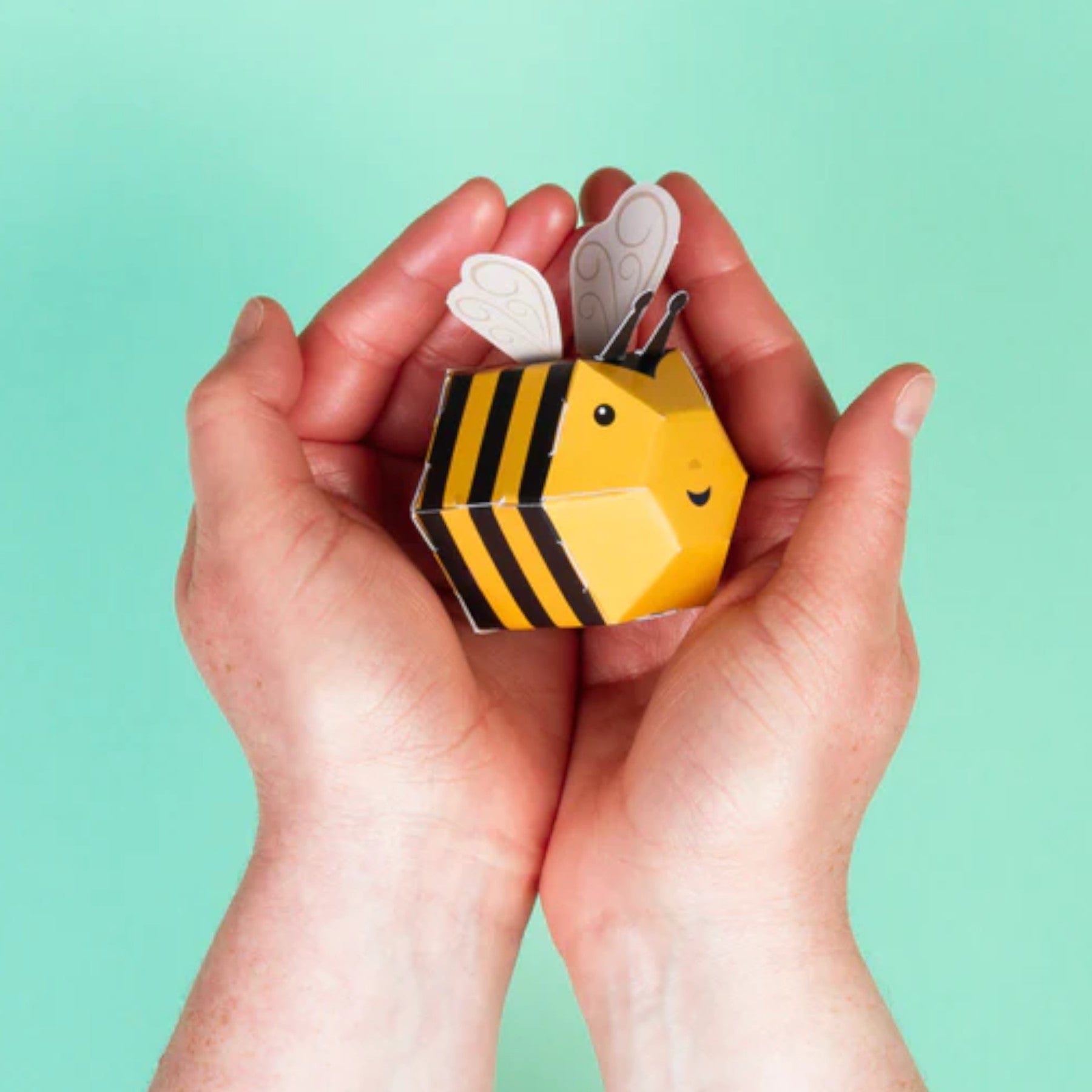 Hands holding a cute bee-shaped paper craft against a mint green background
