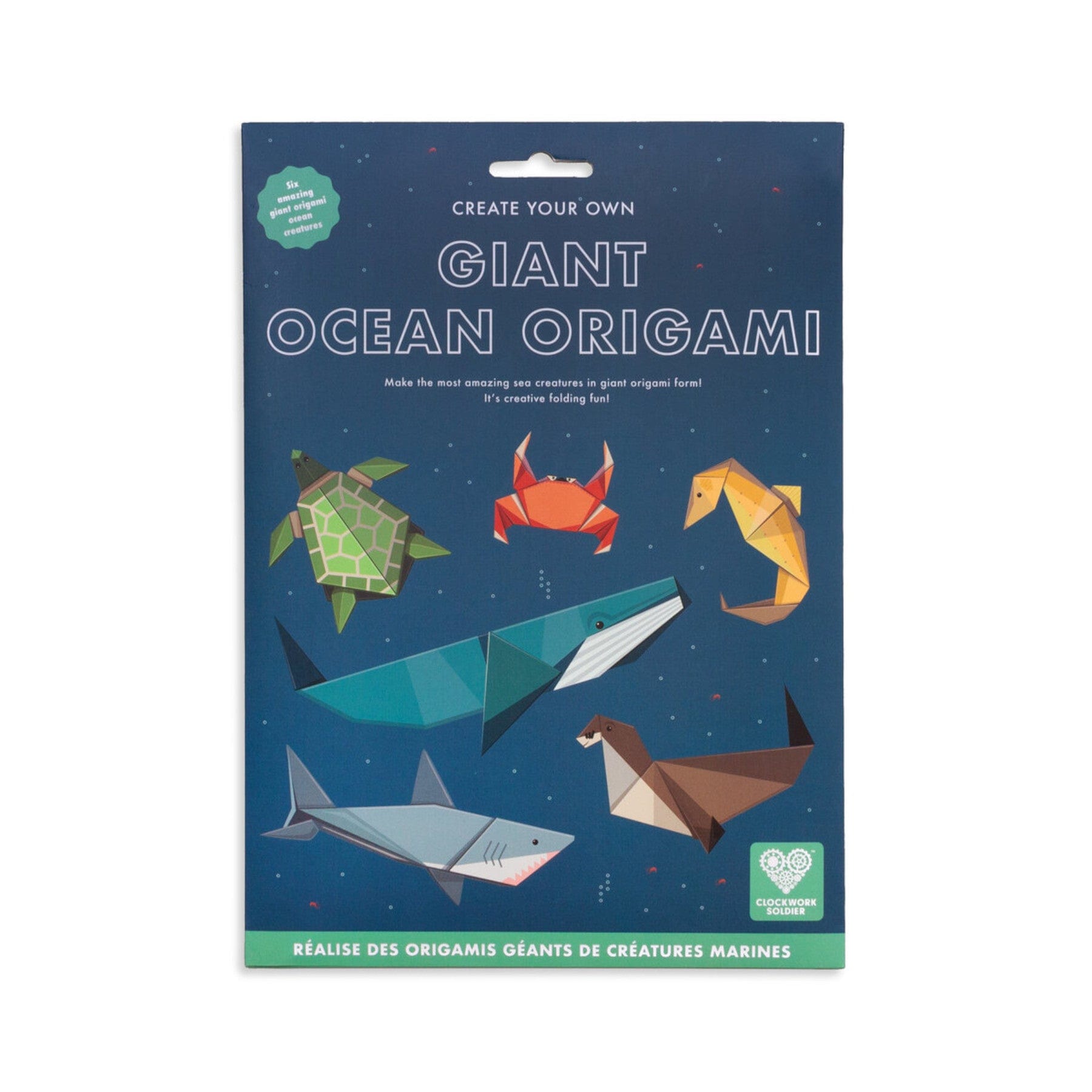 Giant Ocean Origami kit packaging with illustrations of folded paper sea creatures like turtles, crabs, whales, and sharks, with text promoting creative origami fun.