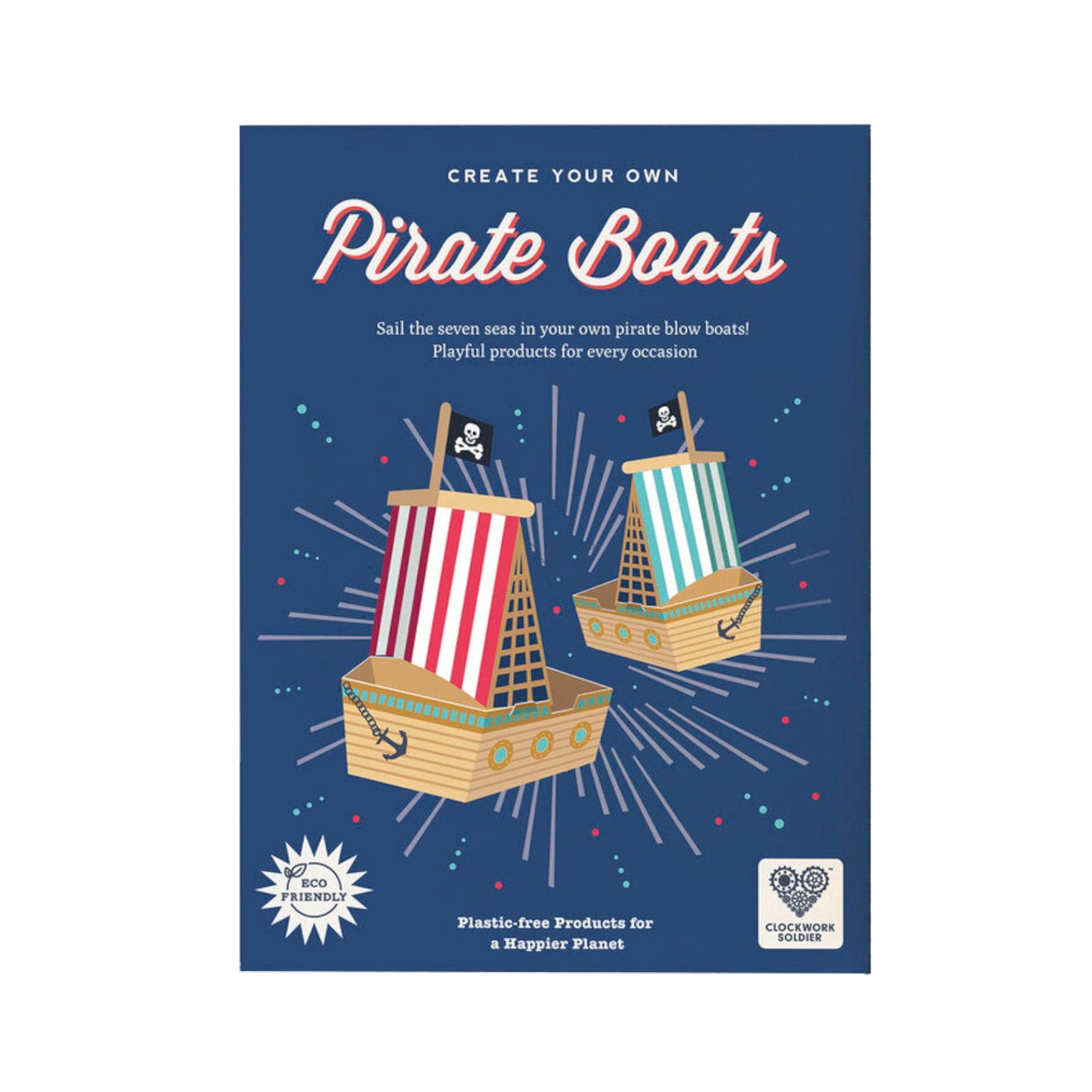 Illustration of create your own pirate boats, eco-friendly toy, sustainable children's playset, plastic-free products, Clockwork Soldier branding, playful occasion gifts, cardboard craft kit advertisement with two colorful striped sailboats and pirate flags.
