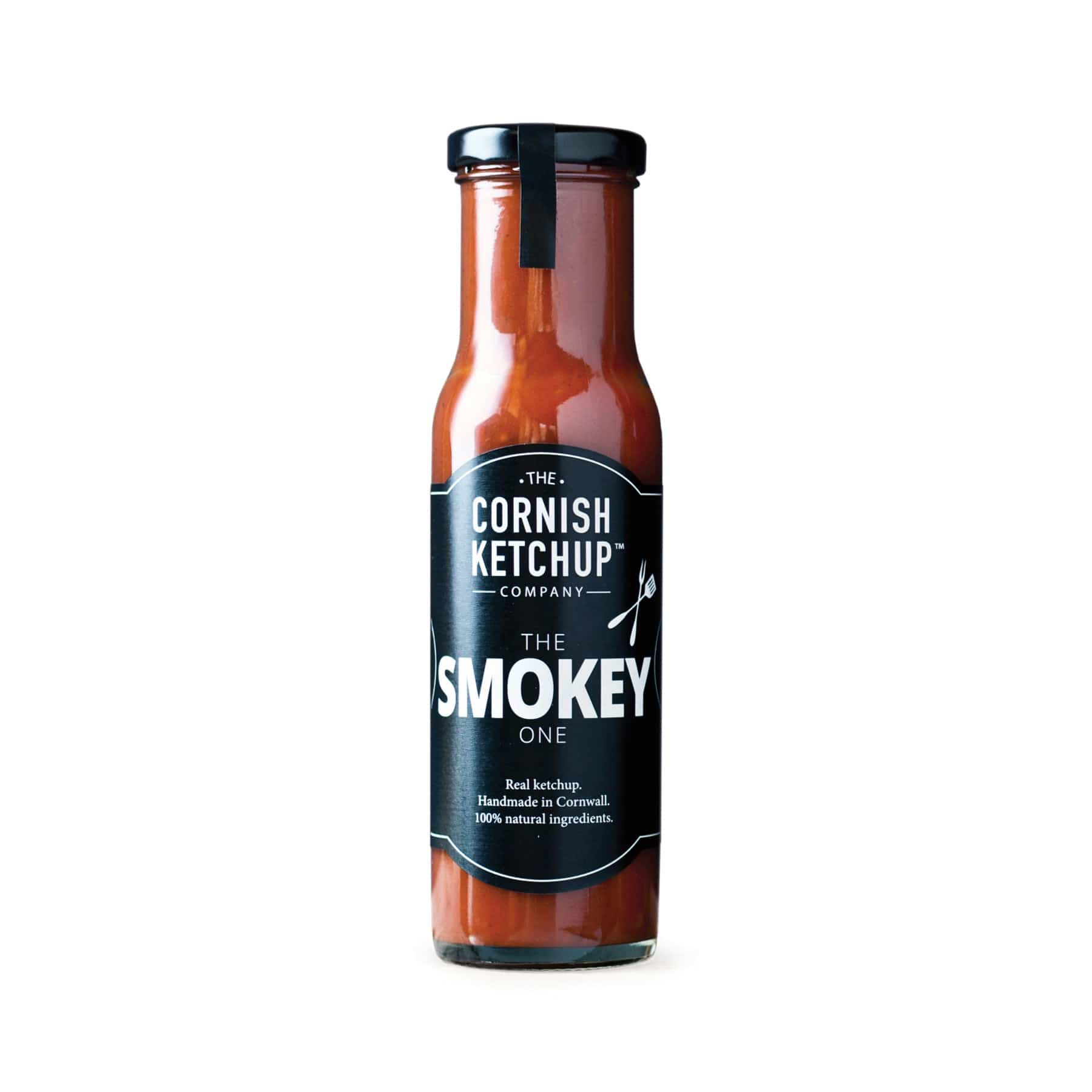 Cornish Ketchup Company smokey ketchup bottle, handmade in Cornwall with 100% natural ingredients, isolated on white background.