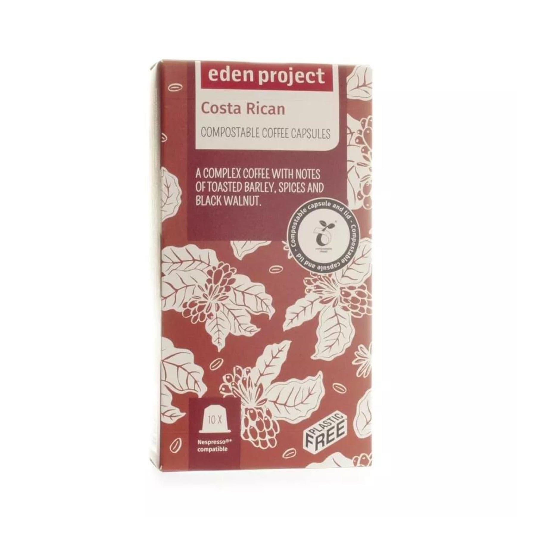 Eden Project Costa Rican compostable coffee capsules packaging, Nespresso compatible, with tasting notes of toasted barley, spices, black walnut, eco-friendly, plastic-free.