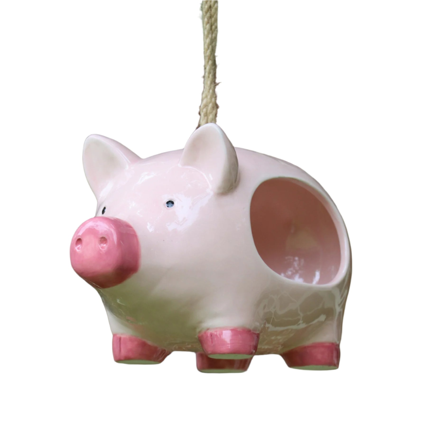 'Curlie' hanging ceramic pig bird feeder