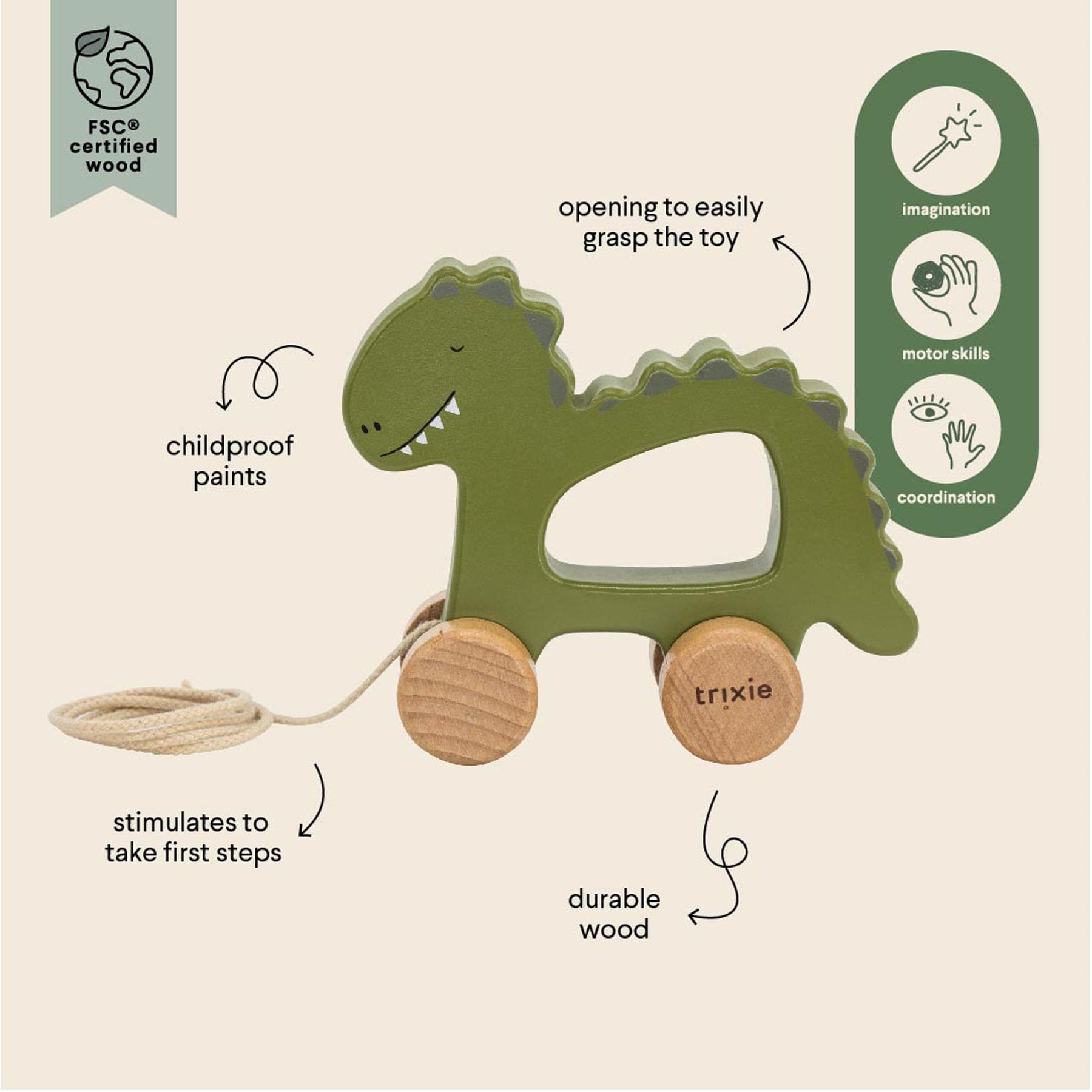 Wooden pull along toy - dino
