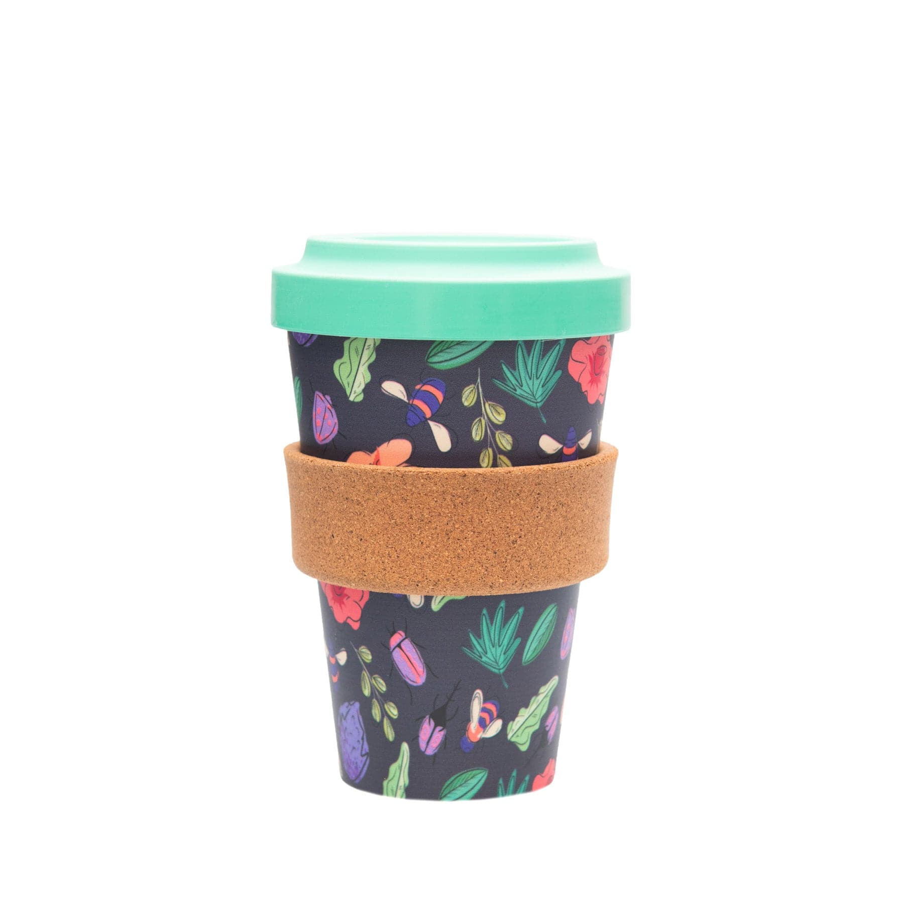 Reusable coffee cup with floral design and green lid, eco-friendly travel mug with cork band on white background