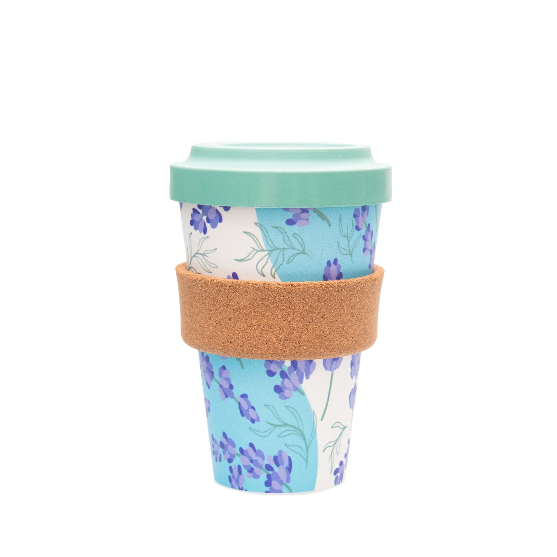 Reusable coffee cup with floral design and silicone lid, eco-friendly travel mug with cork sleeve, insulated beverage container on white background