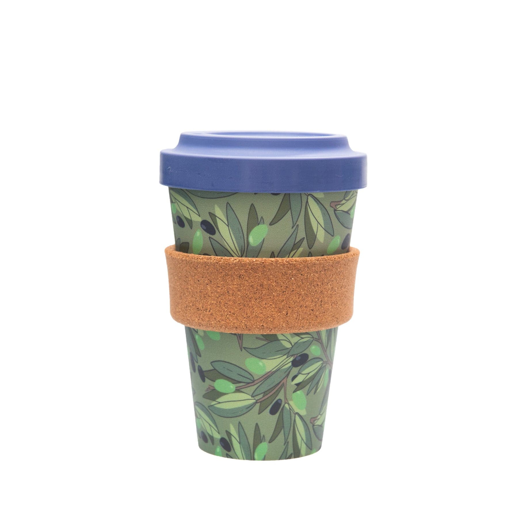 Reusable coffee cup with blue lid, olive leaf pattern, and cork sleeve on a white background