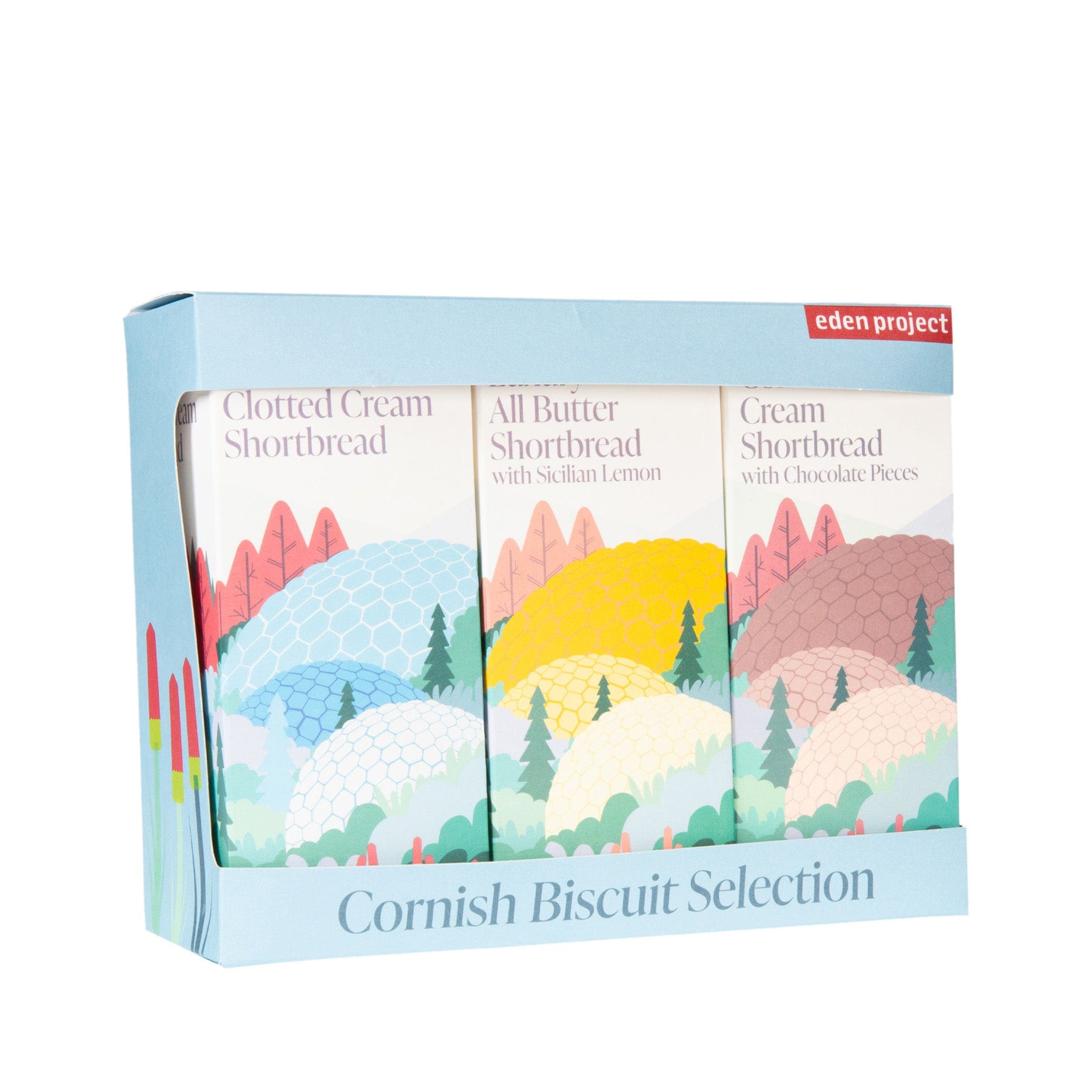 Cornish Biscuit Selection box by Eden Project featuring Clotted Cream Shortbread, All Butter Shortbread with Sicilian Lemon, and Cream Shortbread with Chocolate Pieces with colorful packaging design.