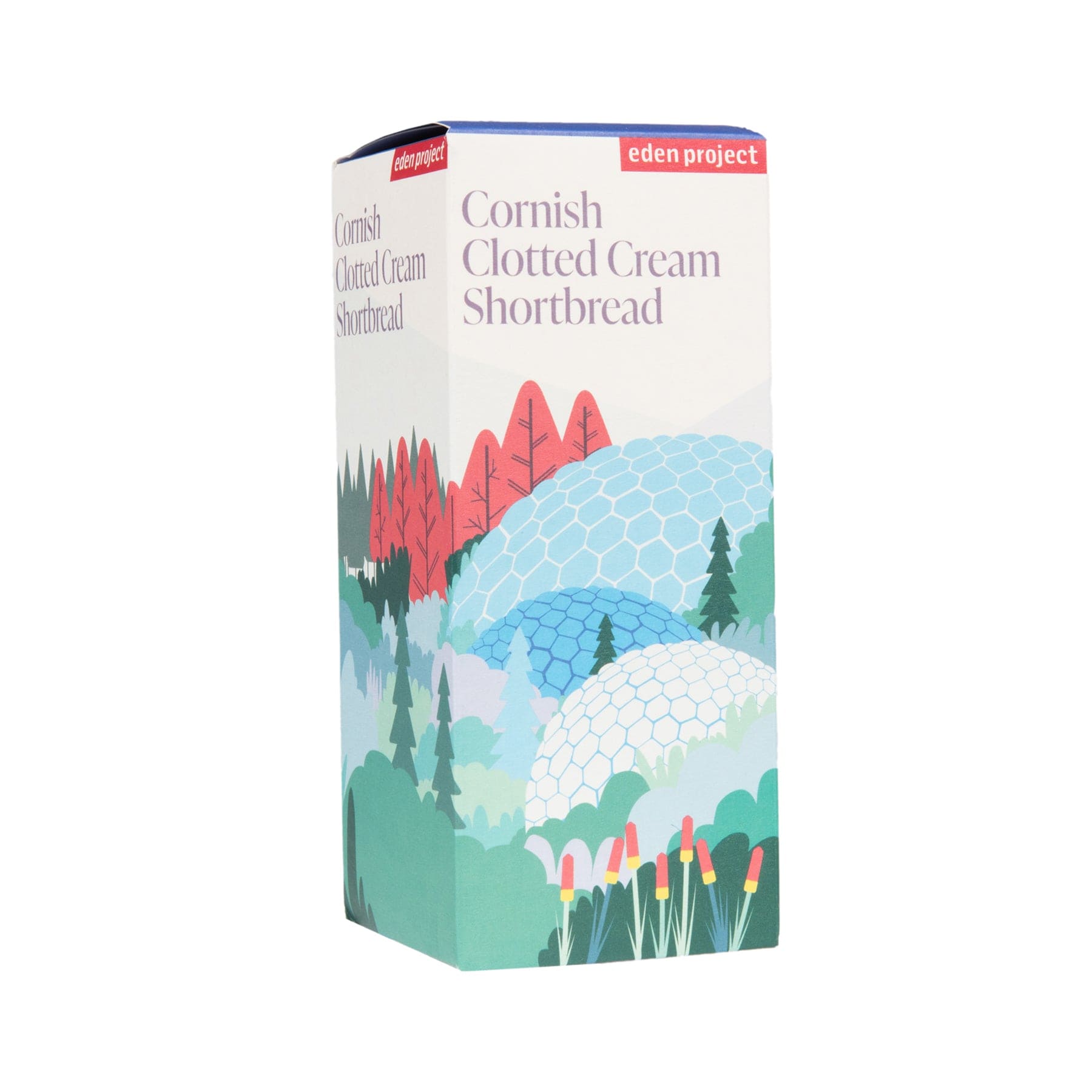 Cornish Clotted Cream Shortbread packaging with Eden Project branding, illustrated with a vibrant geometric dome, red trees, and foliage design on a white background.