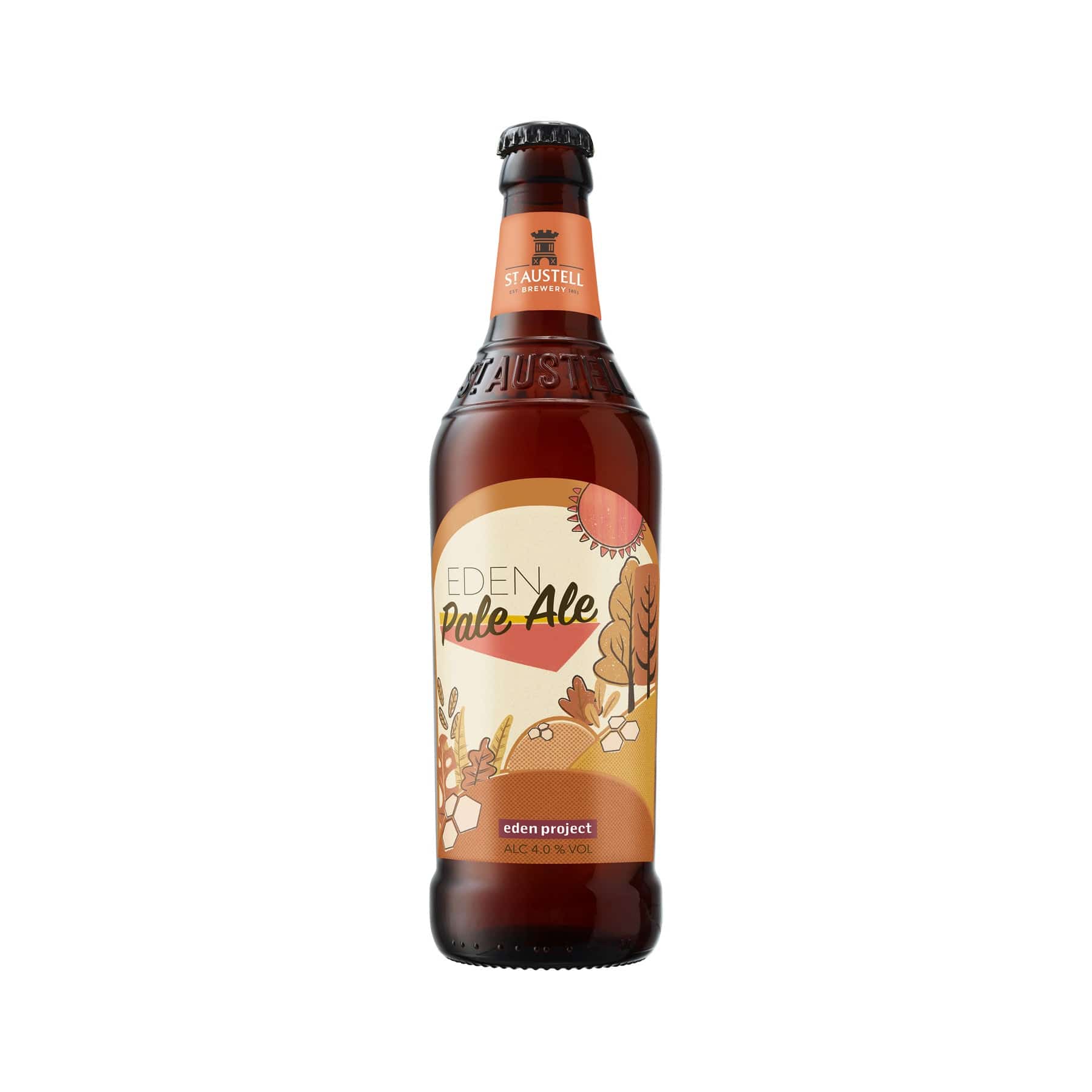 St Austell Brewery Eden Pale Ale beer bottle with label, white background, craft beer, alcoholic beverage, product photography