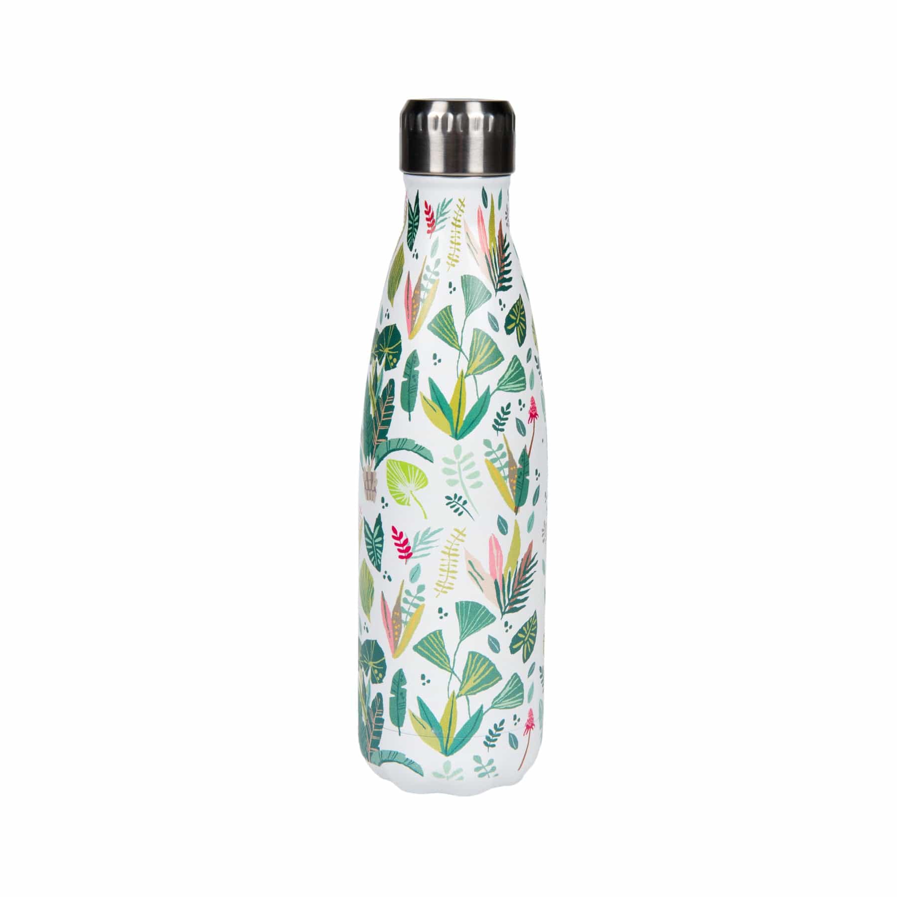 Insulated stainless steel water bottle with tropical leaf pattern on white background