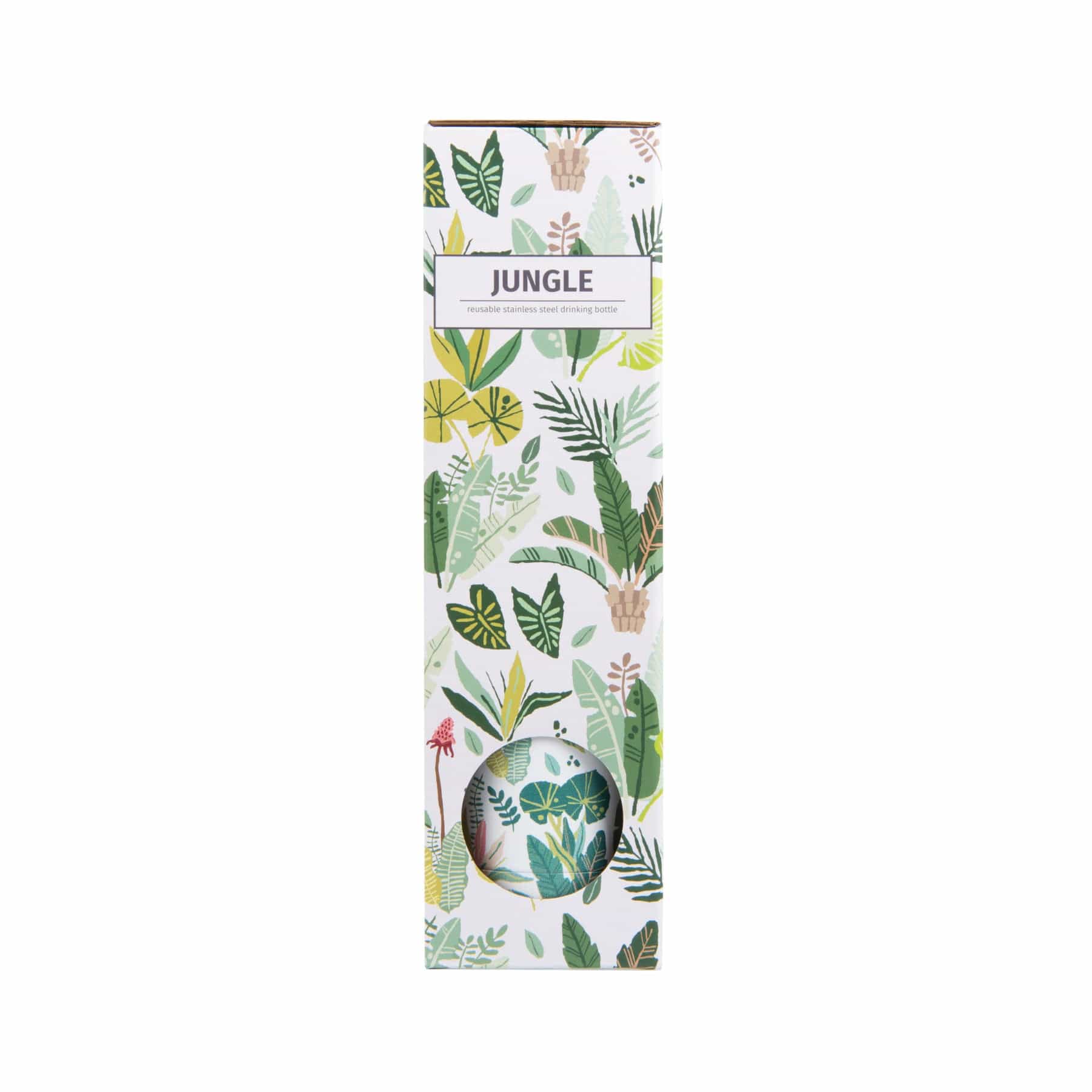 Jungle themed reusable stainless steel drinking bottle in packaging with tropical leaf pattern design