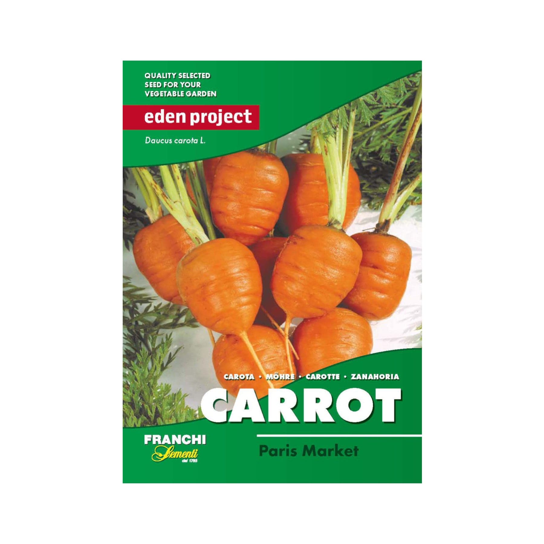Eden Project Franchi seeds carrot Paris Market packet, quality selected seed for vegetable garden, Daucus carota L., organic short round carrots with green tops.