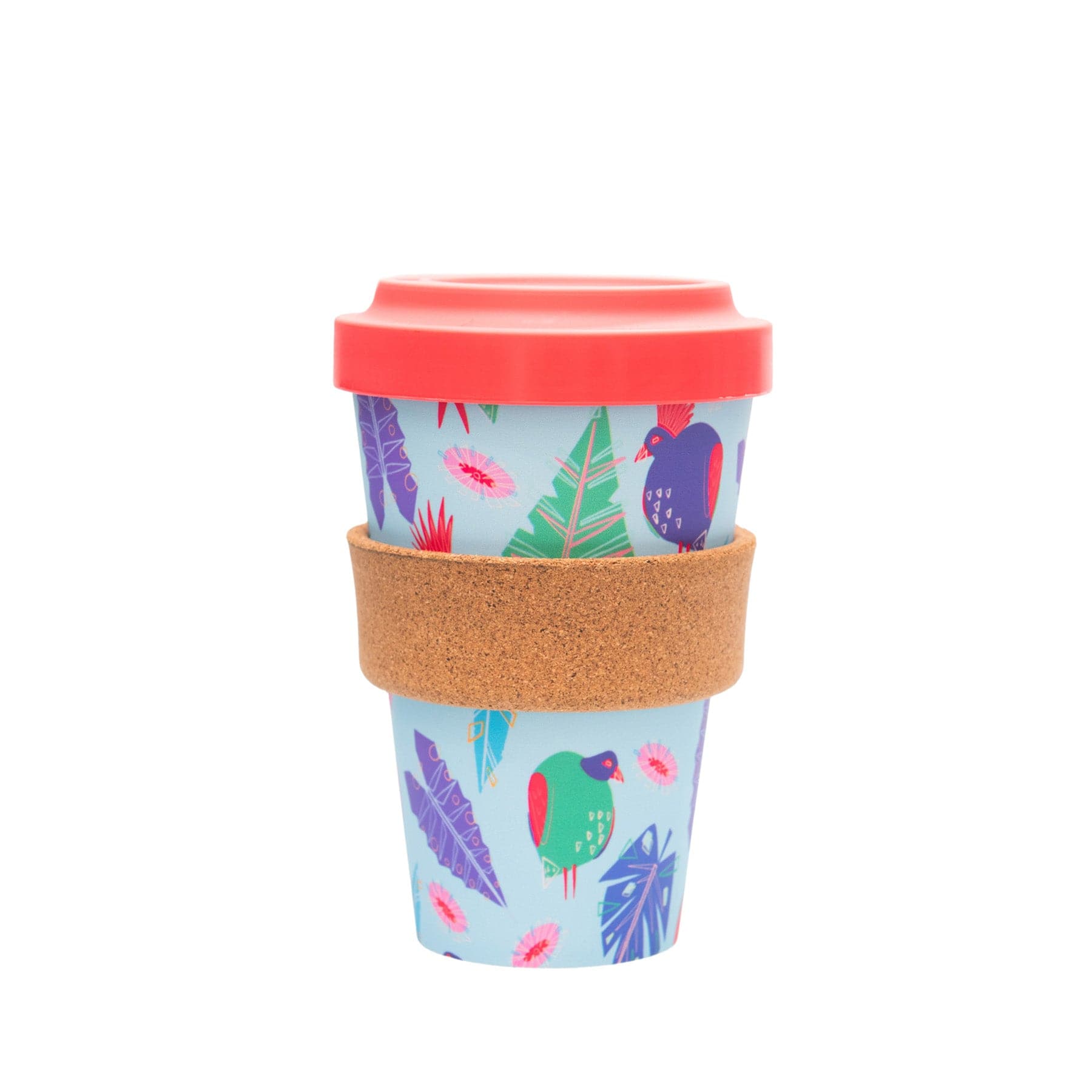 Reusable coffee cup with tropical bird design, red silicone lid, and cork sleeve on a white background